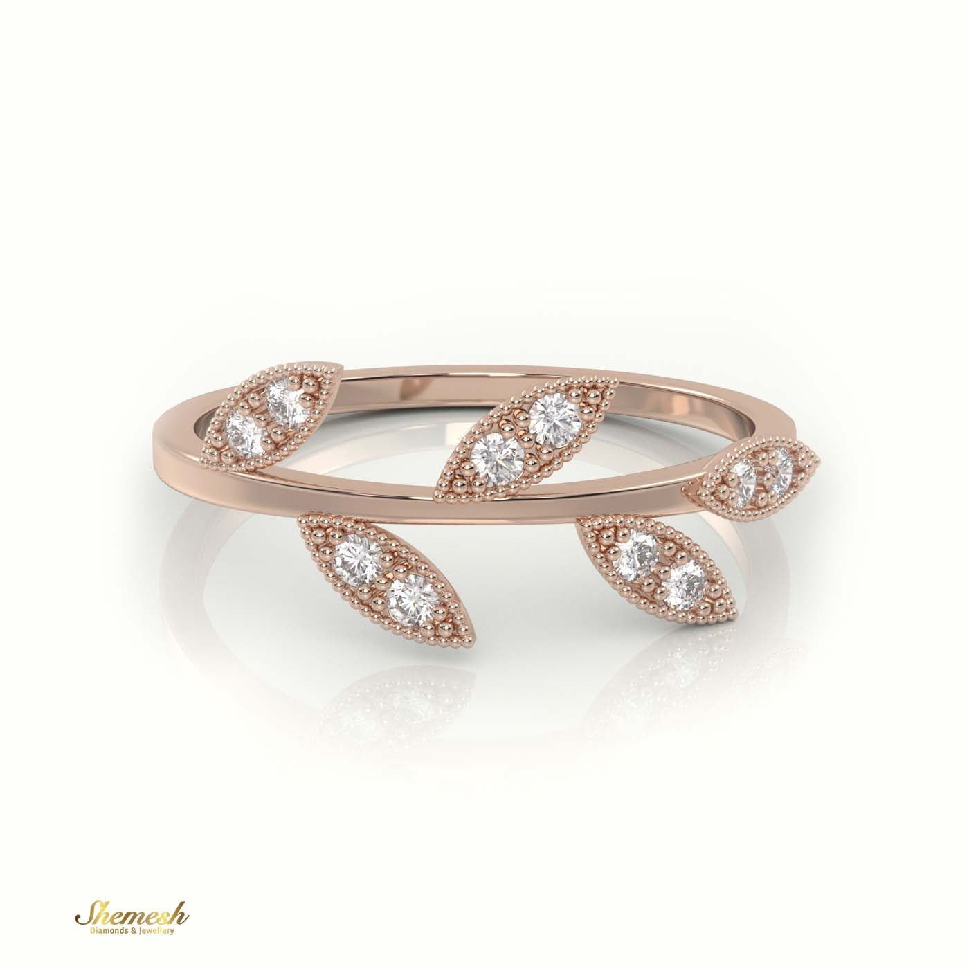 18K Gold Round Cut Diamond Leaf Design Milgrain Setting Ring - shemesh_diamonds