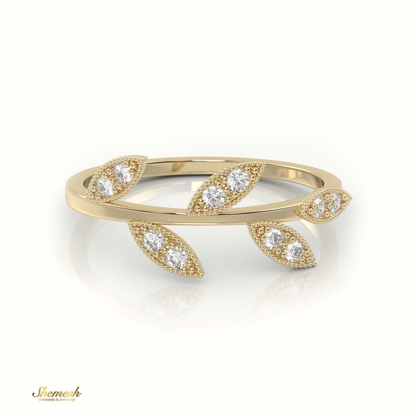 18K Gold Round Cut Diamond Leaf Design Milgrain Setting Ring - shemesh_diamonds