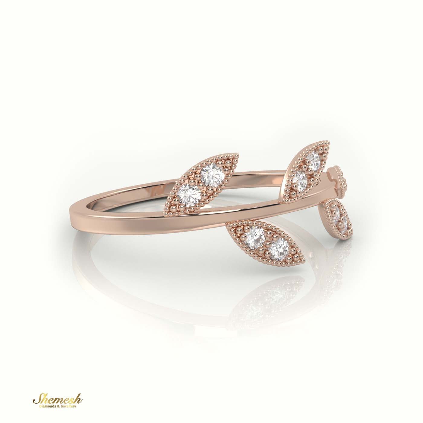 18K Gold Round Cut Diamond Leaf Design Milgrain Setting Ring - shemesh_diamonds