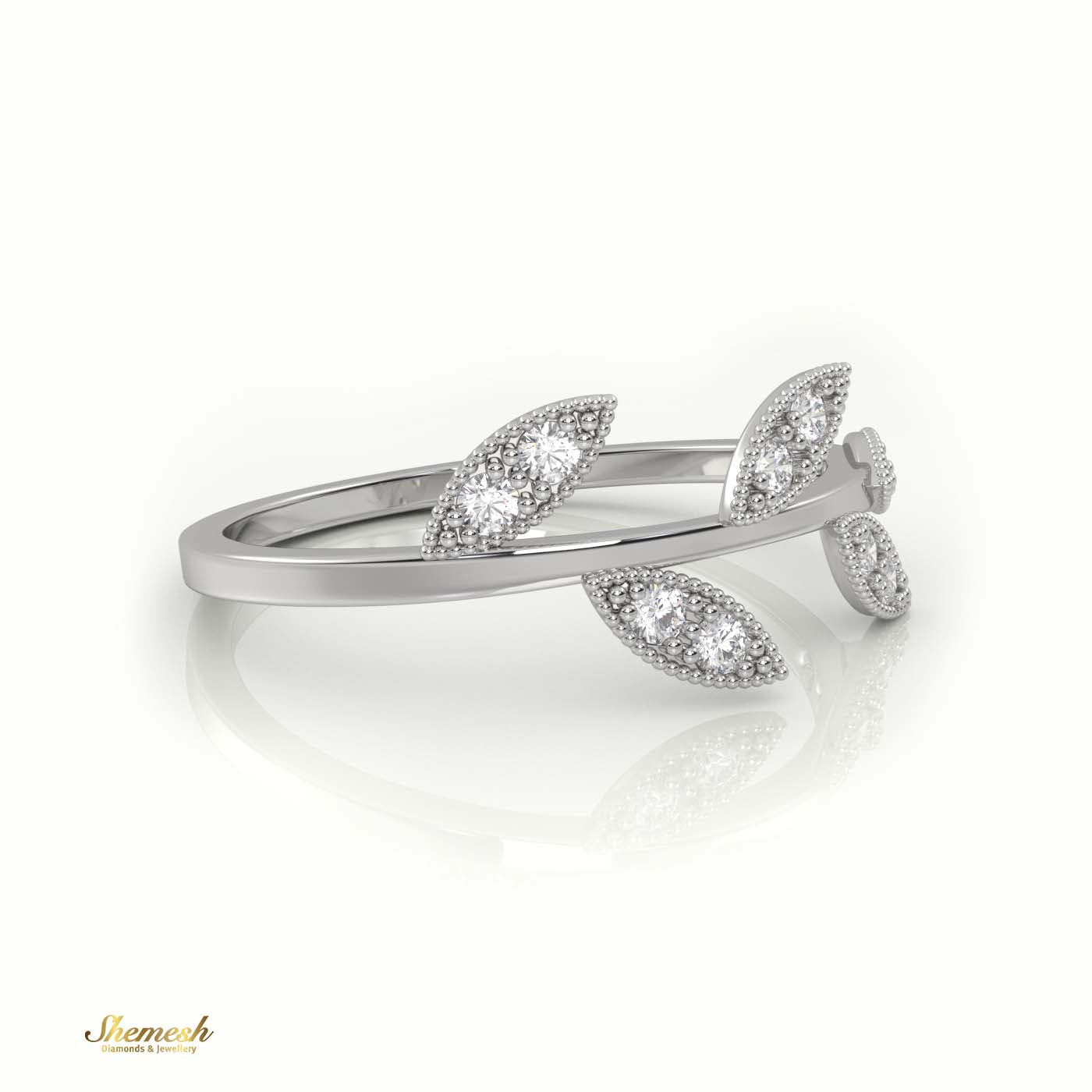 18K Gold Round Cut Diamond Leaf Design Milgrain Setting Ring - shemesh_diamonds