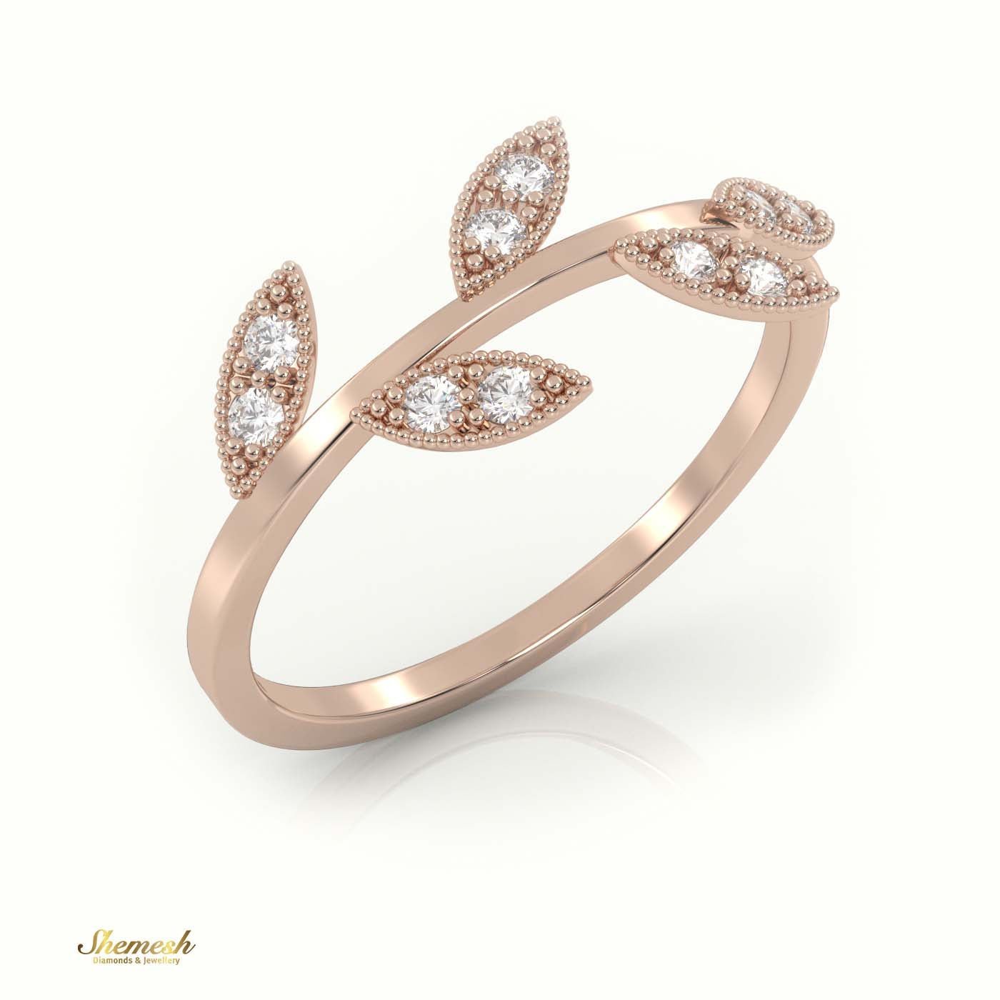 18K Gold Round Cut Diamond Leaf Design Milgrain Setting Ring - shemesh_diamonds