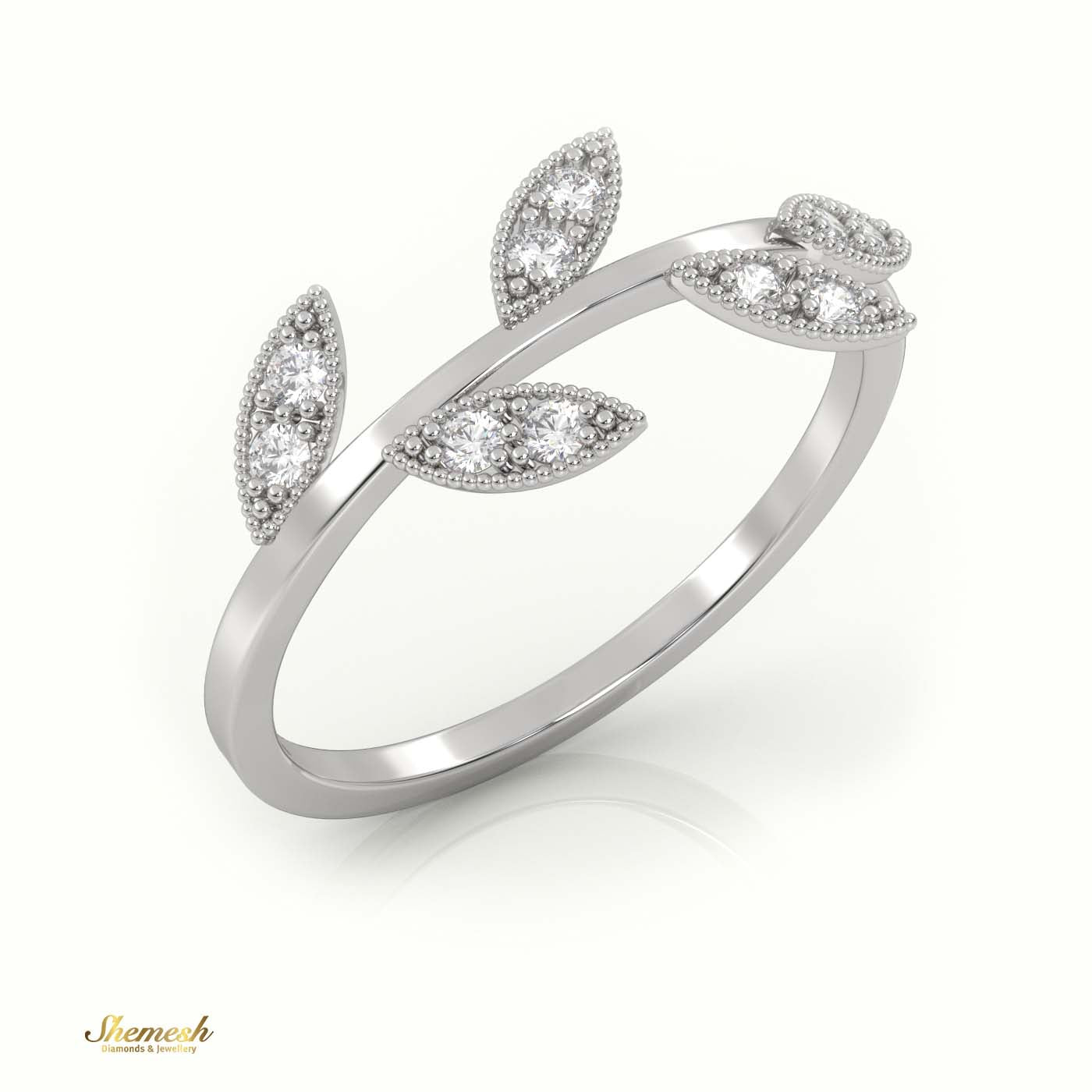 18K Gold Round Cut Diamond Leaf Design Milgrain Setting Ring - shemesh_diamonds