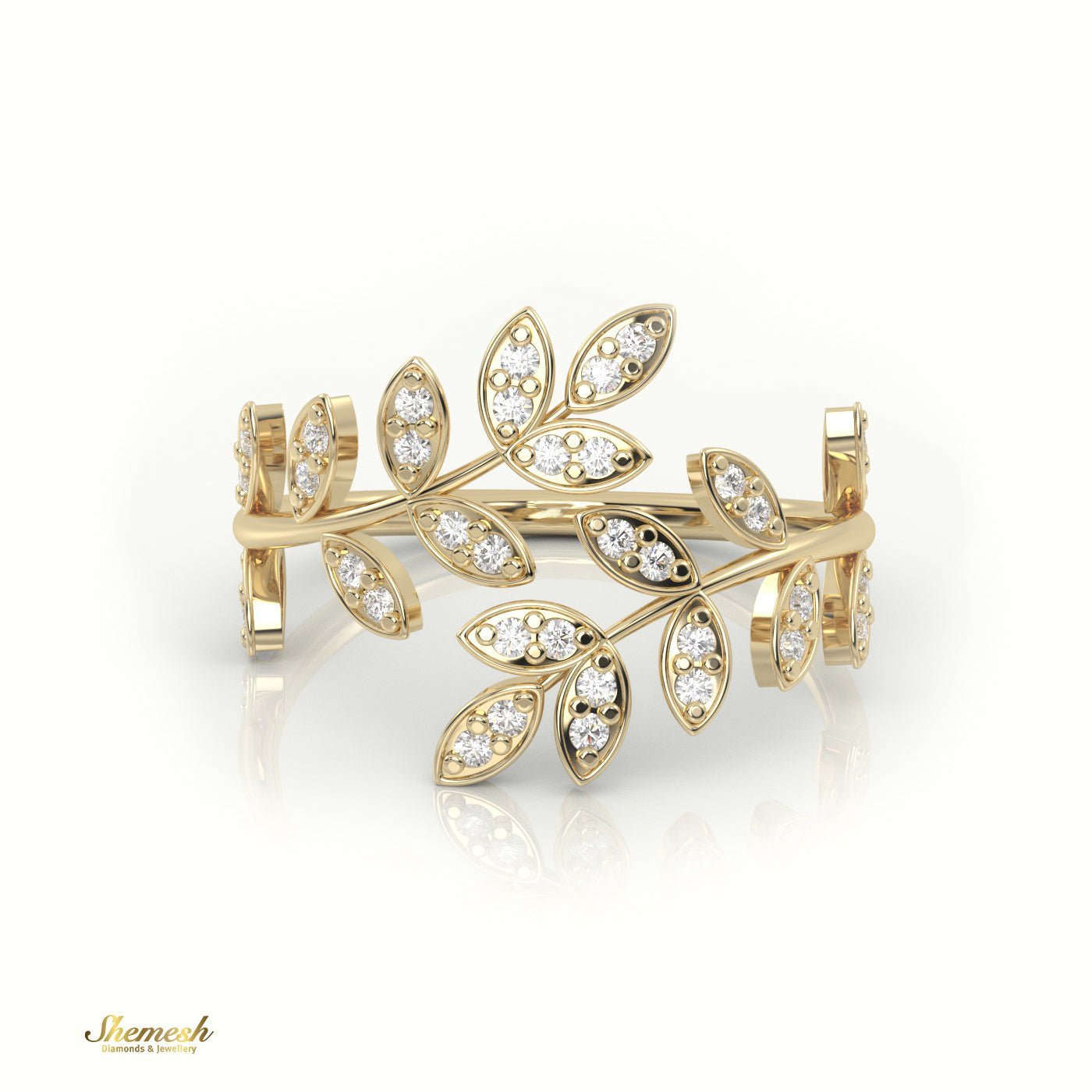 18K Gold Round Cut Diamond Leaf Style Ring - shemesh_diamonds