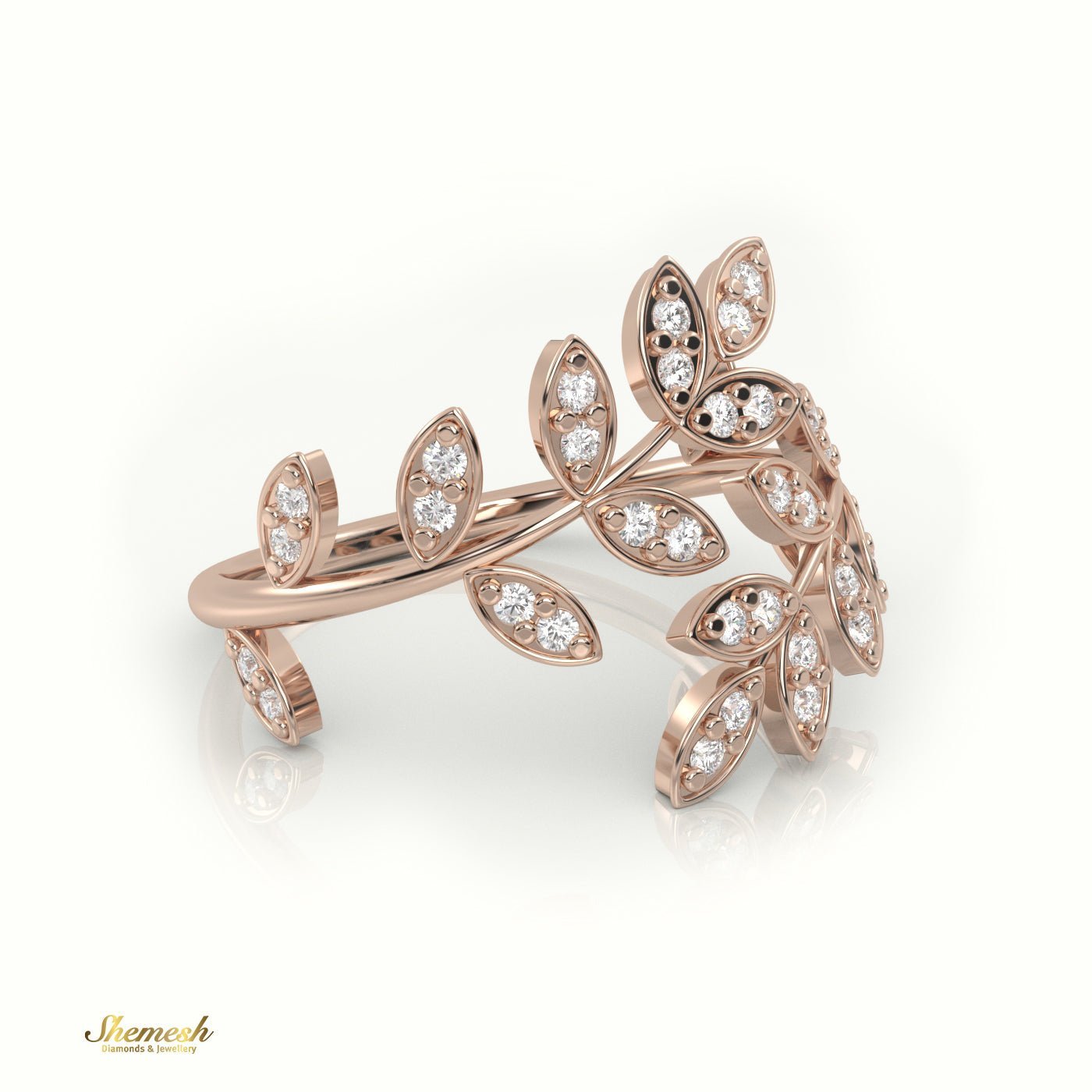 18K Gold Round Cut Diamond Leaf Style Ring - shemesh_diamonds