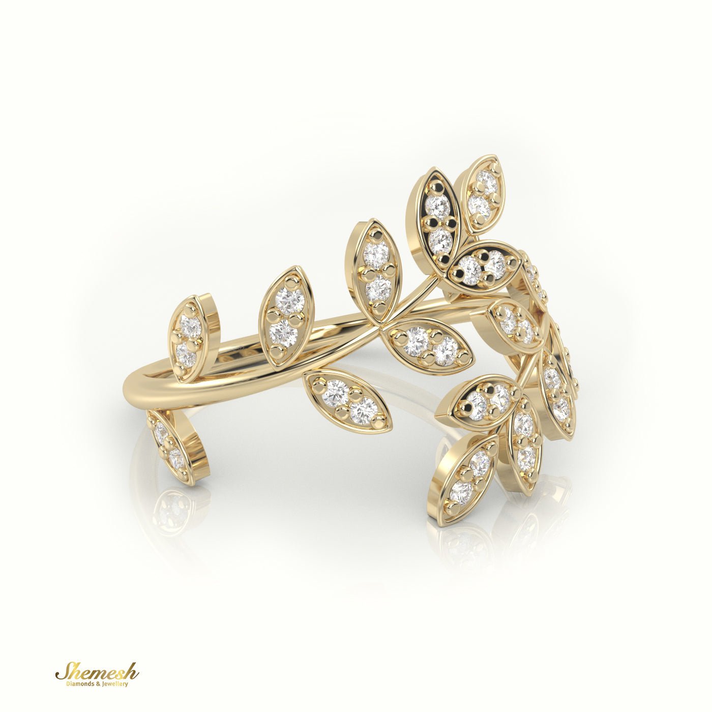 18K Gold Round Cut Diamond Leaf Style Ring - shemesh_diamonds