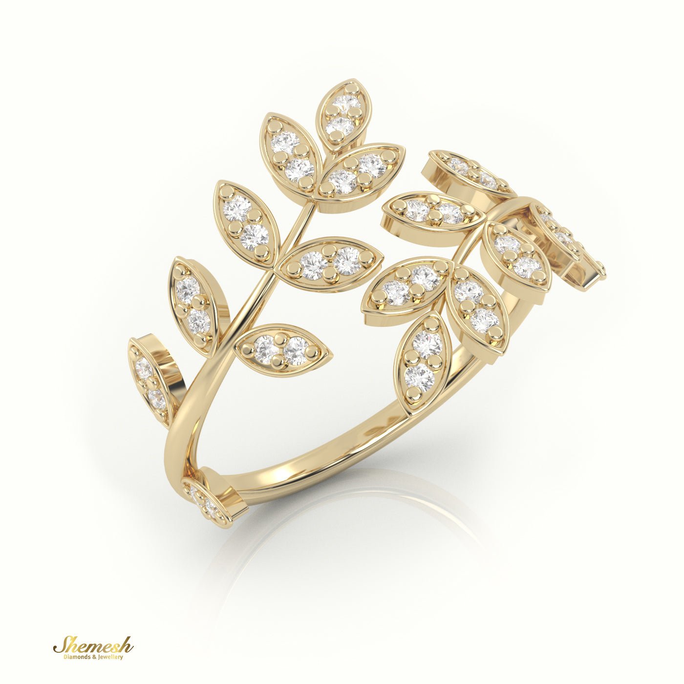 18K Gold Round Cut Diamond Leaf Style Ring - shemesh_diamonds