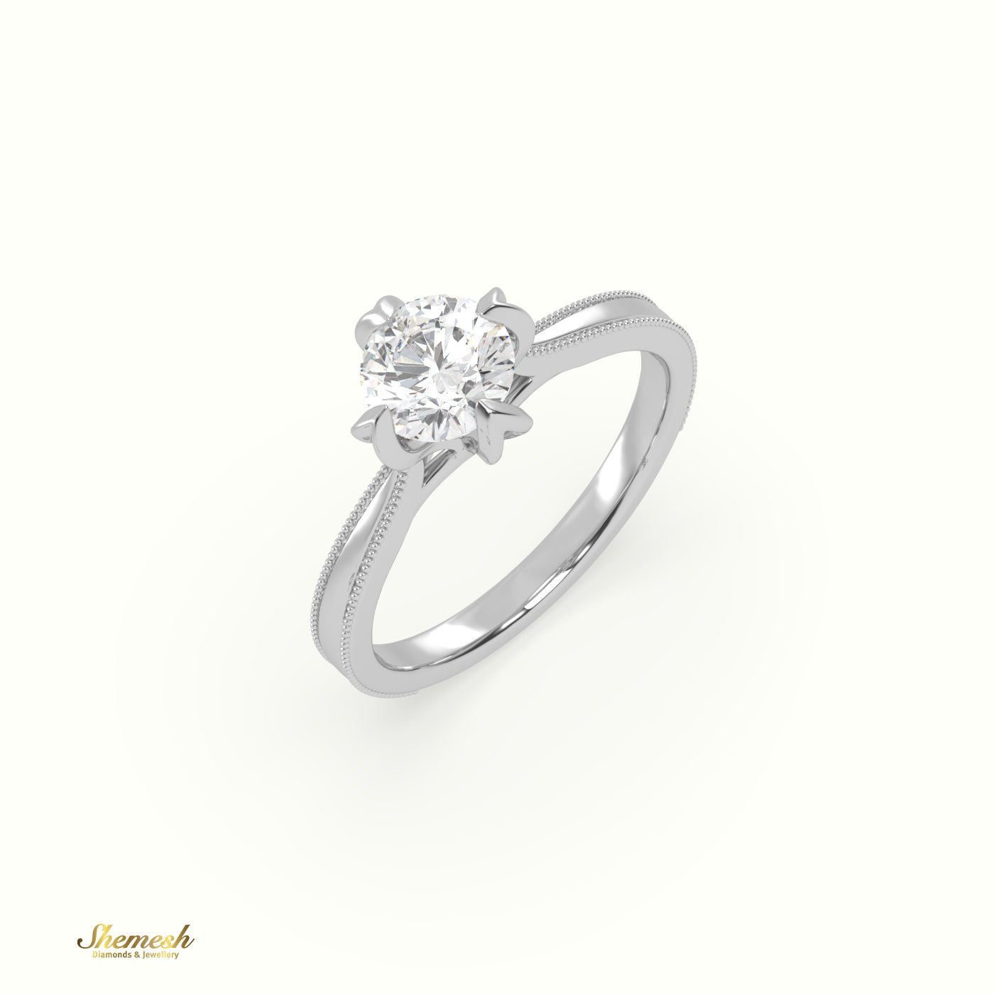 18K Gold 4 Prongs Round Diamond Solitaire EngagementRing with Milgrain Details - shemesh_diamonds