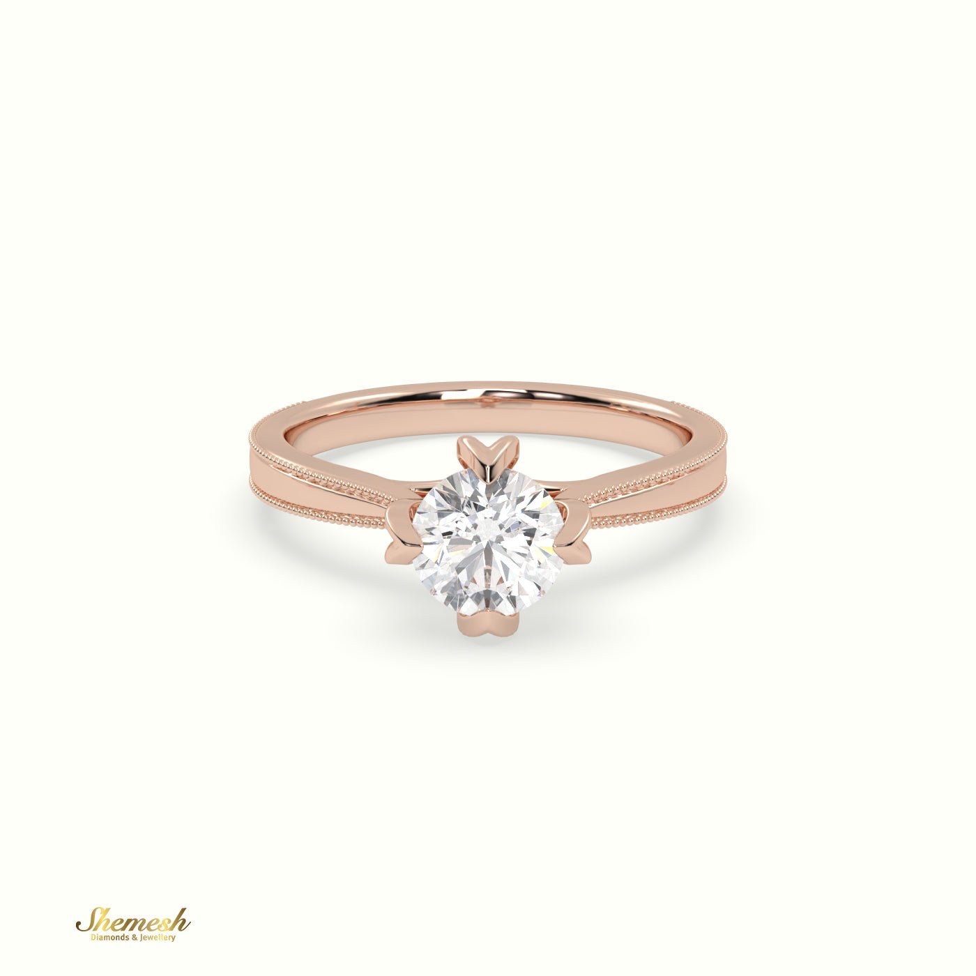 18K Gold 4 Prongs Round Diamond Solitaire EngagementRing with Milgrain Details - shemesh_diamonds