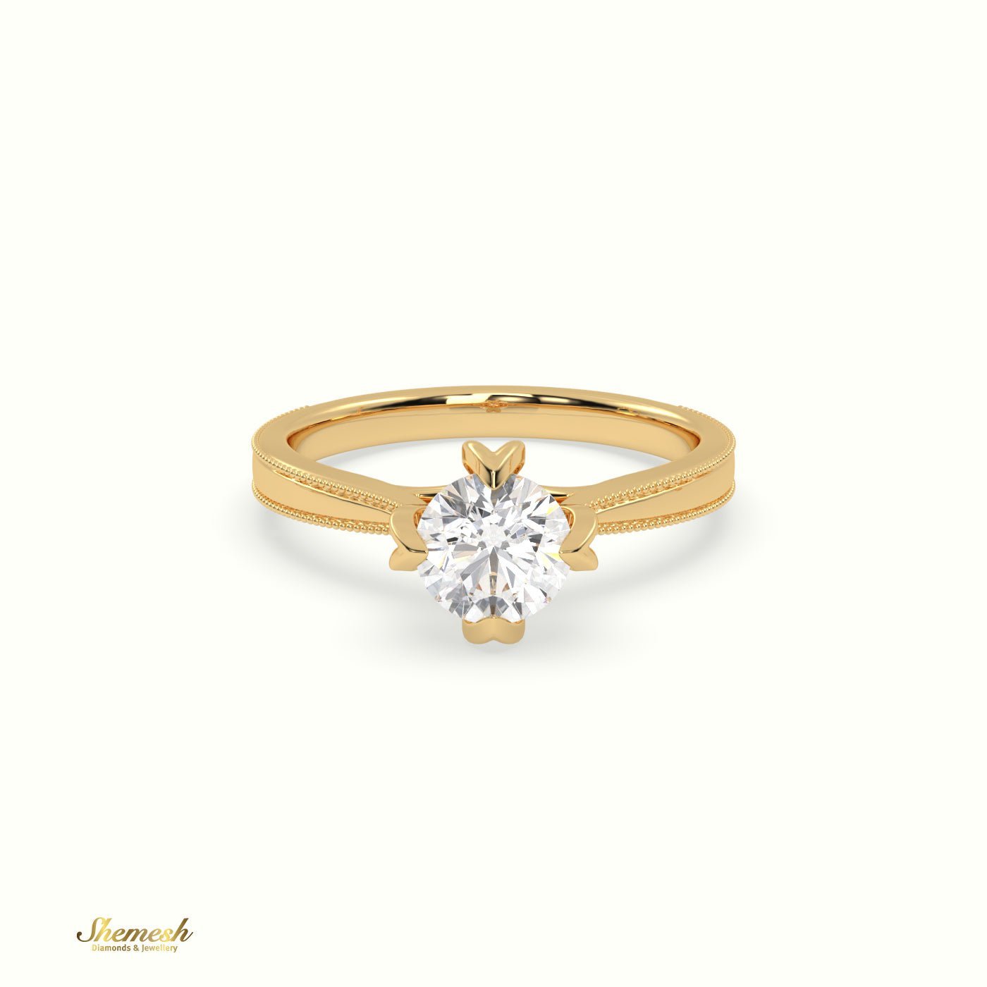 18K Gold 4 Prongs Round Diamond Solitaire EngagementRing with Milgrain Details - shemesh_diamonds