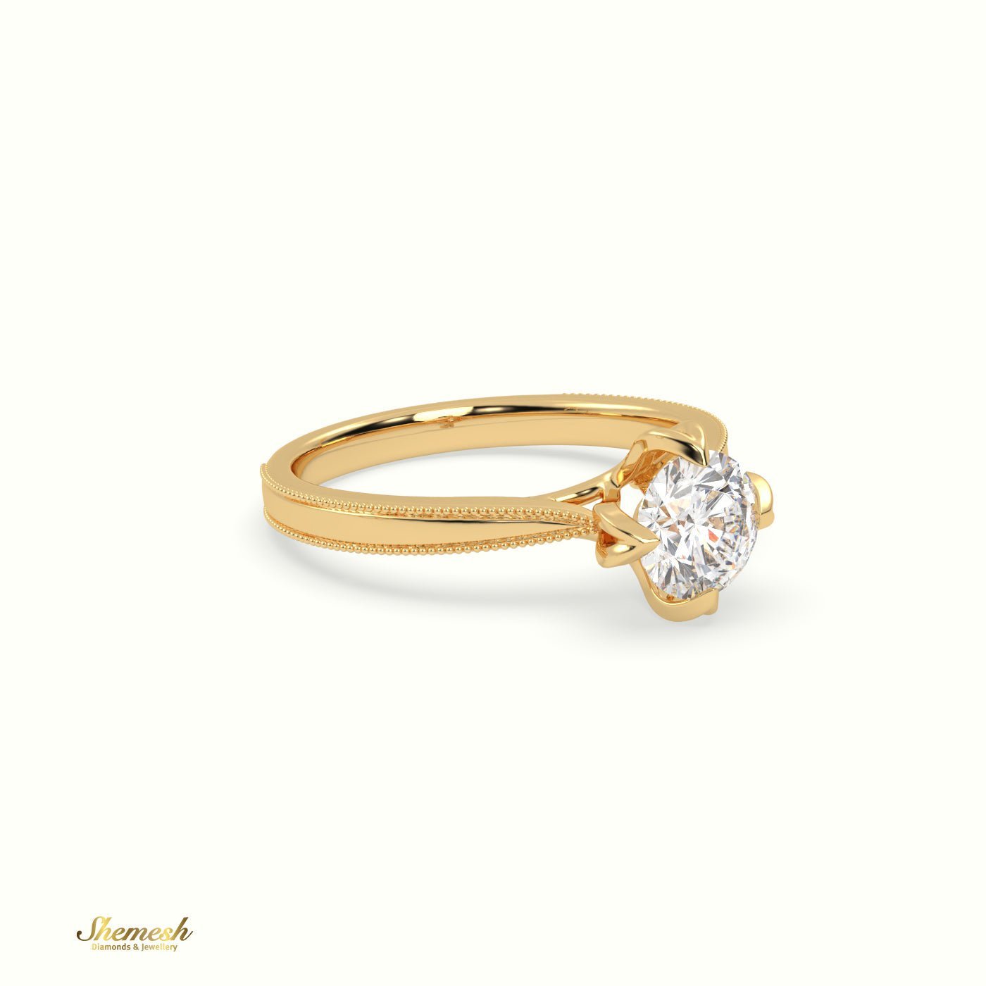 18K Gold 4 Prongs Round Diamond Solitaire EngagementRing with Milgrain Details - shemesh_diamonds