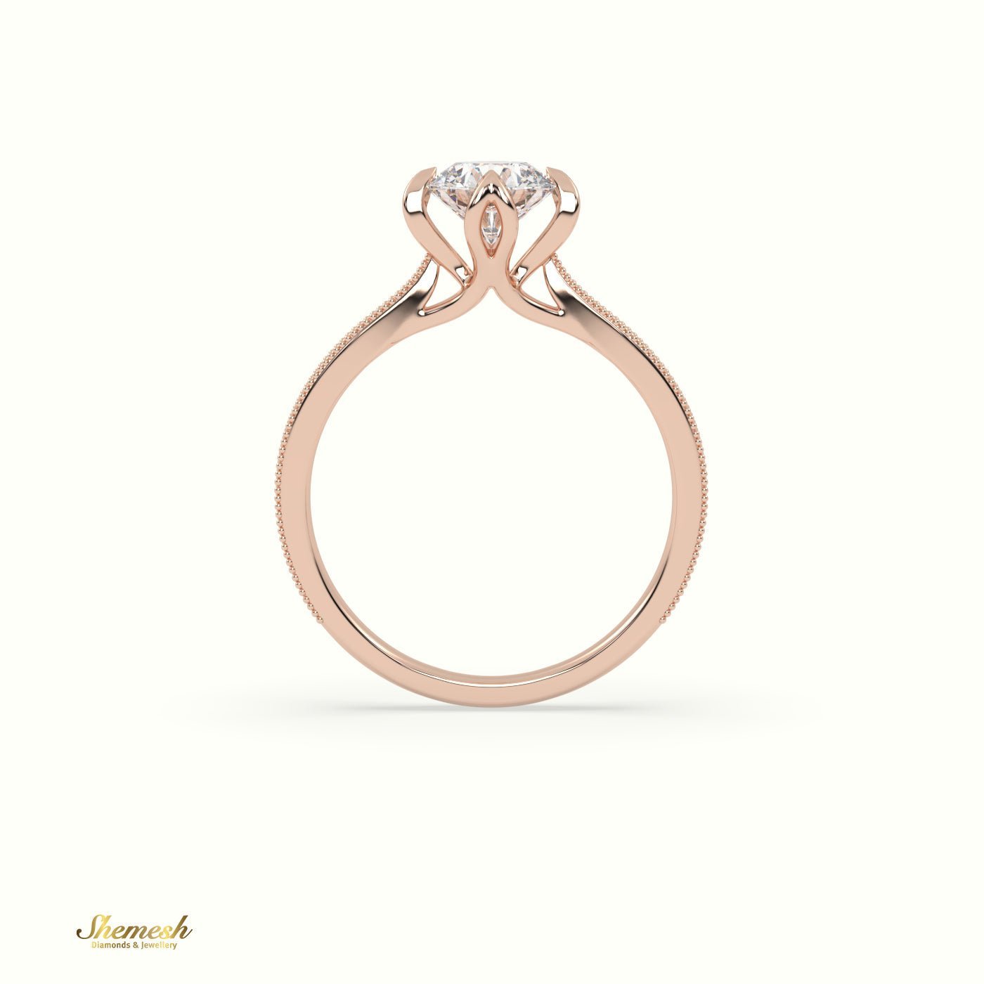 18K Gold 4 Prongs Round Diamond Solitaire EngagementRing with Milgrain Details - shemesh_diamonds