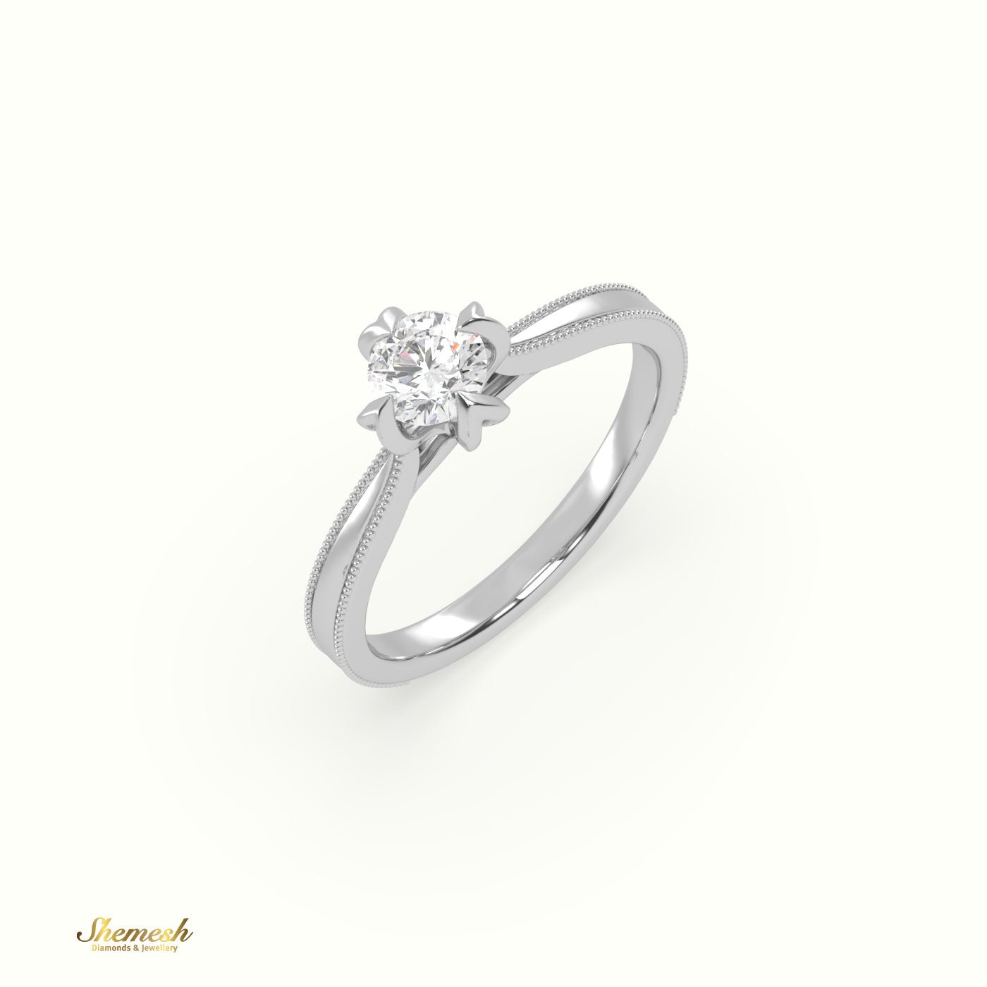 18K Gold 4 Prongs Round Diamond Solitaire EngagementRing with Vintage Milgrain Details - shemesh_diamonds