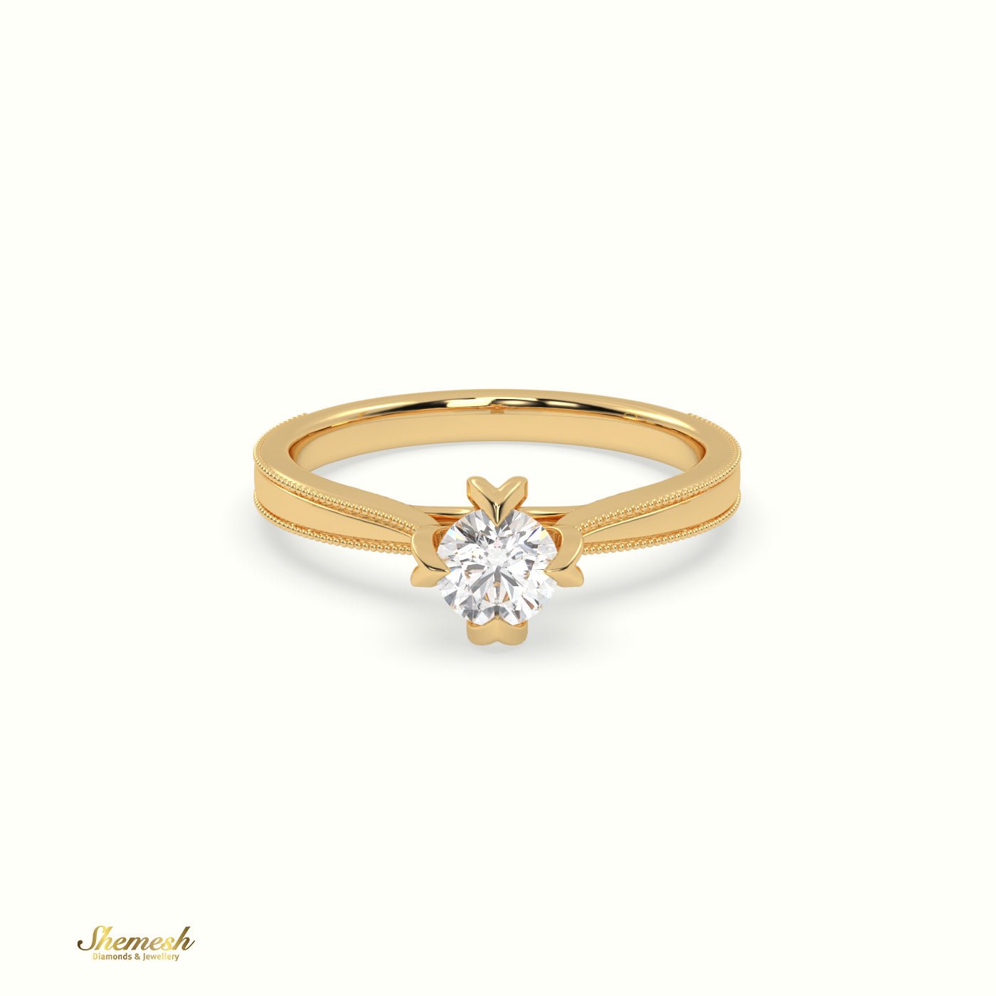 18K Gold 4 Prongs Round Diamond Solitaire EngagementRing with Vintage Milgrain Details - shemesh_diamonds