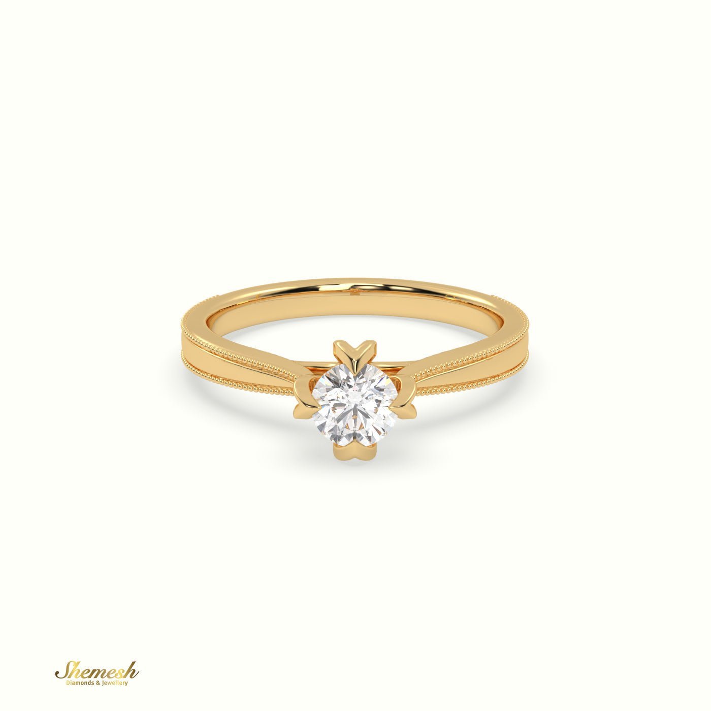 18K Gold 4 Prongs Round Diamond Solitaire EngagementRing with Vintage Milgrain Details - shemesh_diamonds