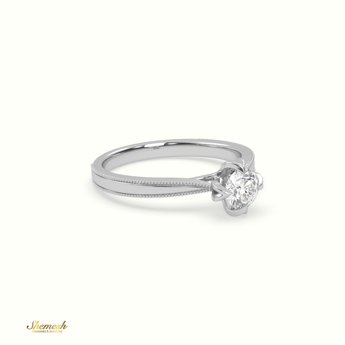 18K Gold 4 Prongs Round Diamond Solitaire EngagementRing with Vintage Milgrain Details - shemesh_diamonds