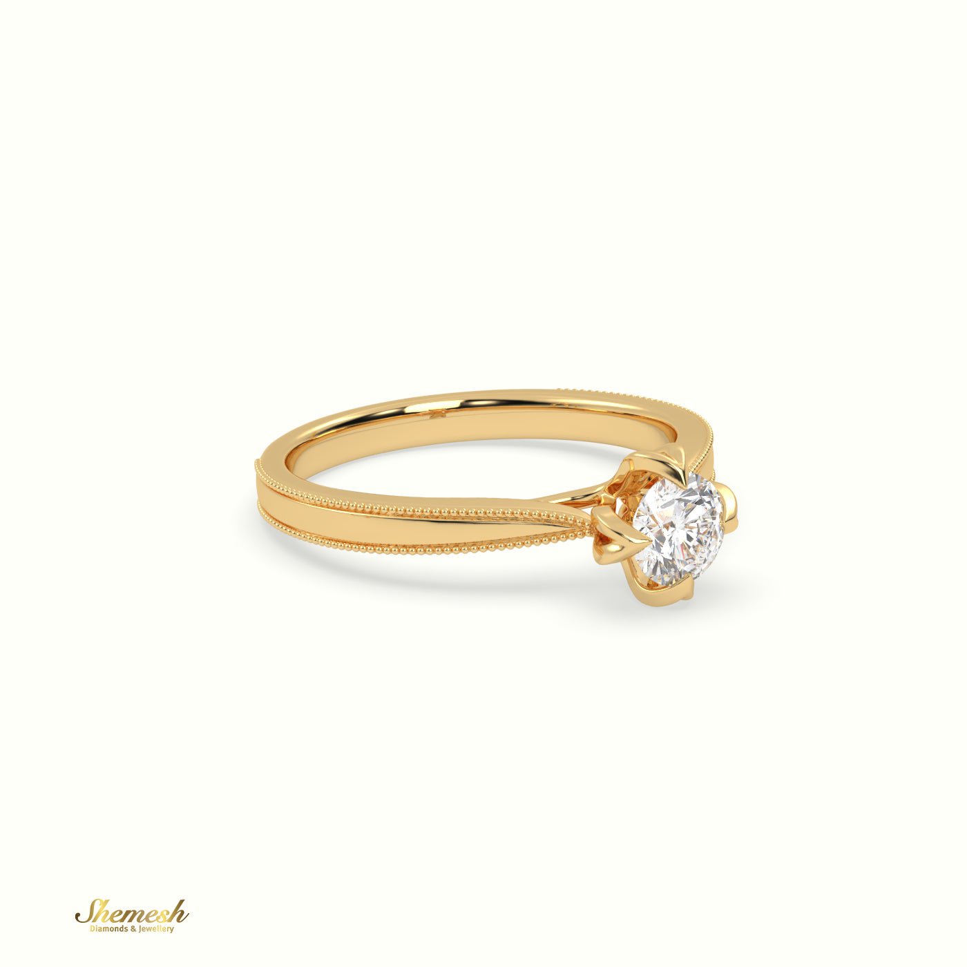 18K Gold 4 Prongs Round Diamond Solitaire EngagementRing with Vintage Milgrain Details - shemesh_diamonds