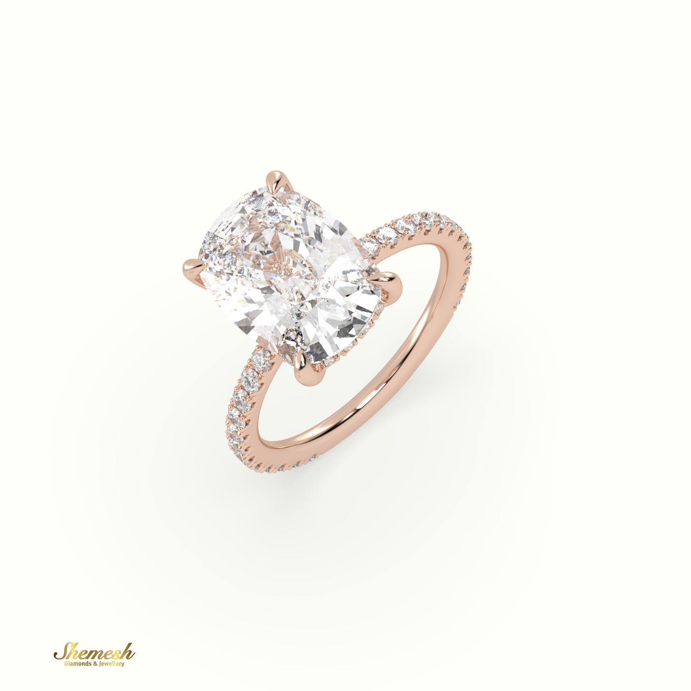 18K Gold 4 Prongs Cushion Diamond Solitaire Engagement Ring with Pave Band - shemesh_diamonds