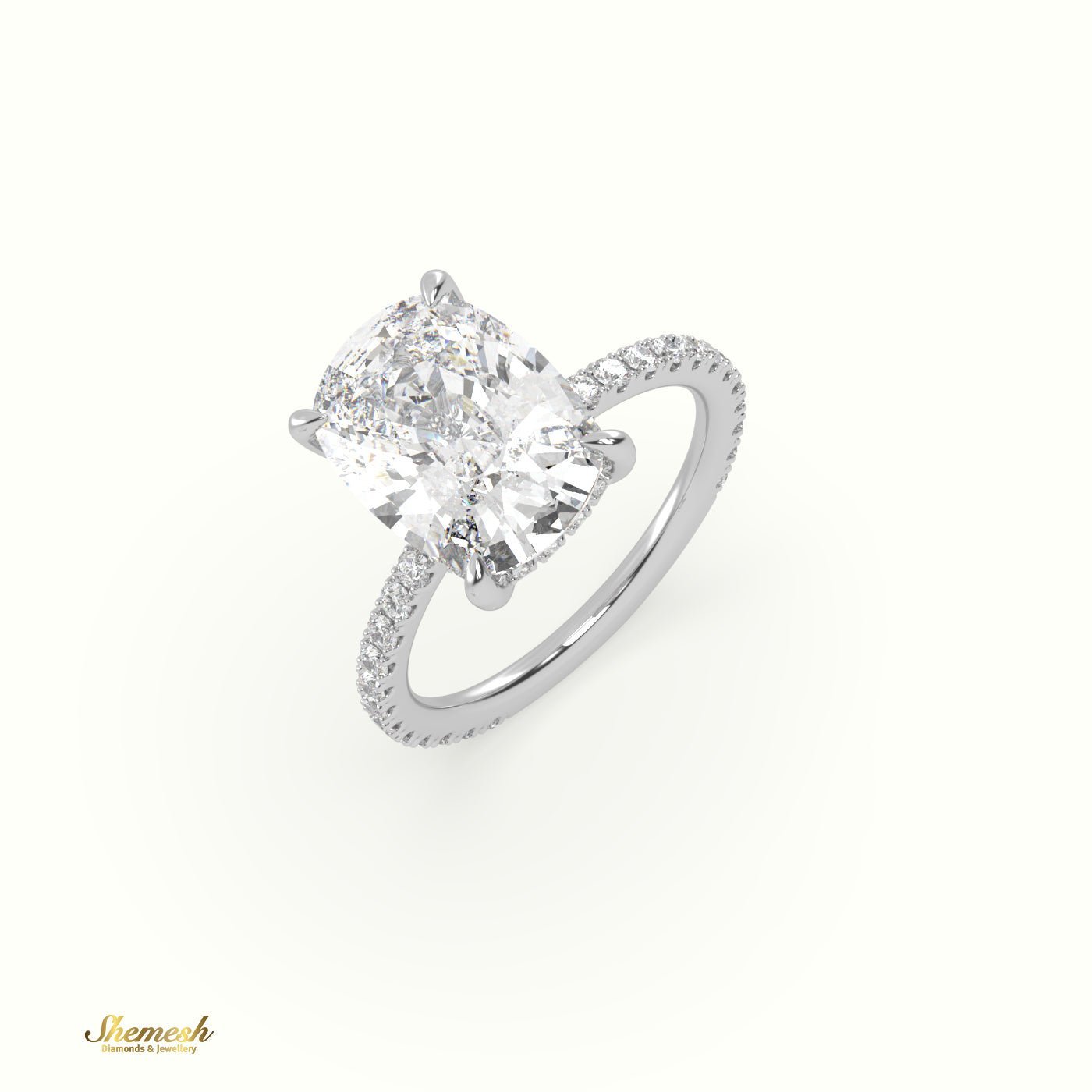 18K Gold 4 Prongs Cushion Diamond Solitaire Engagement Ring with Pave Band - shemesh_diamonds