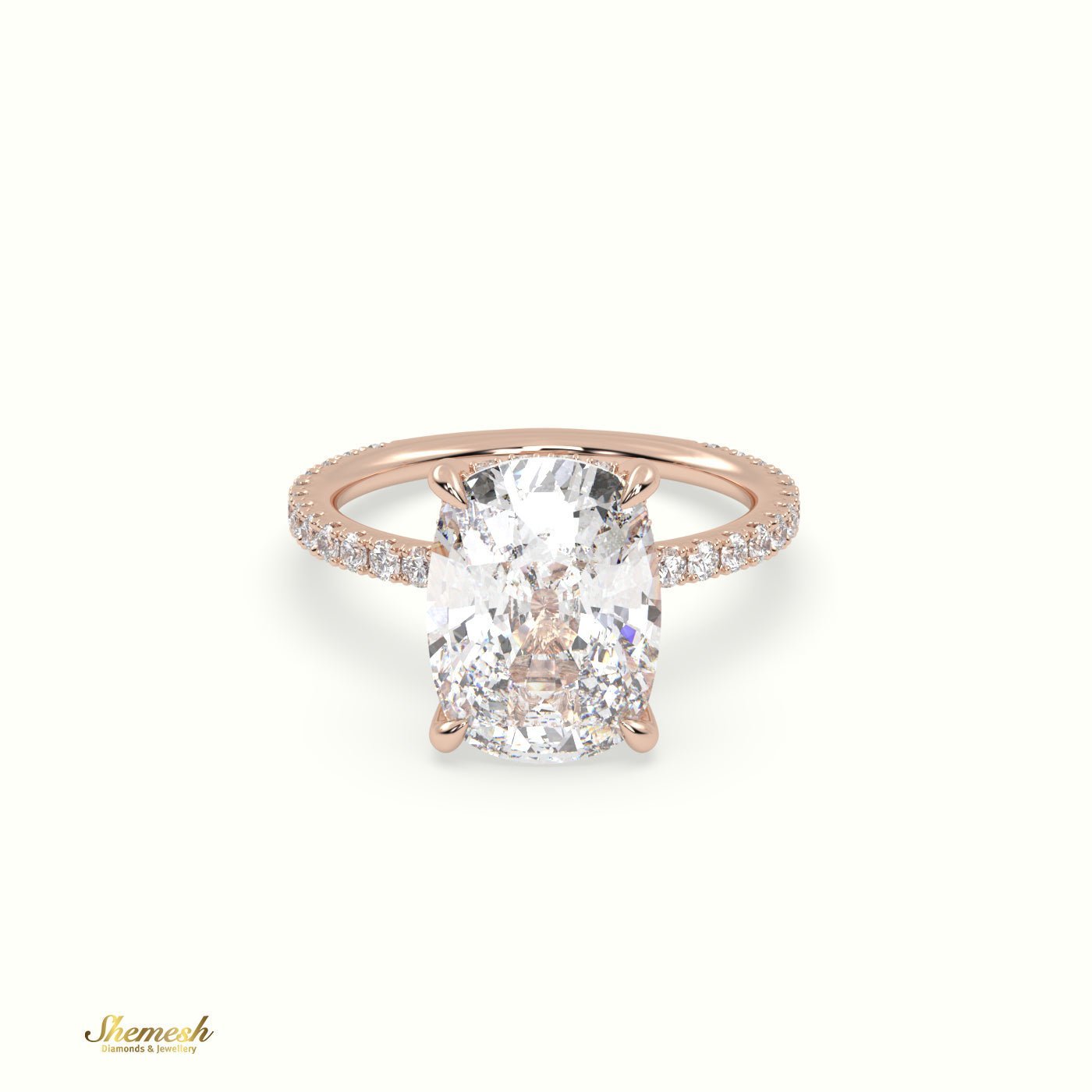 18K Gold 4 Prongs Cushion Diamond Solitaire Engagement Ring with Pave Band - shemesh_diamonds