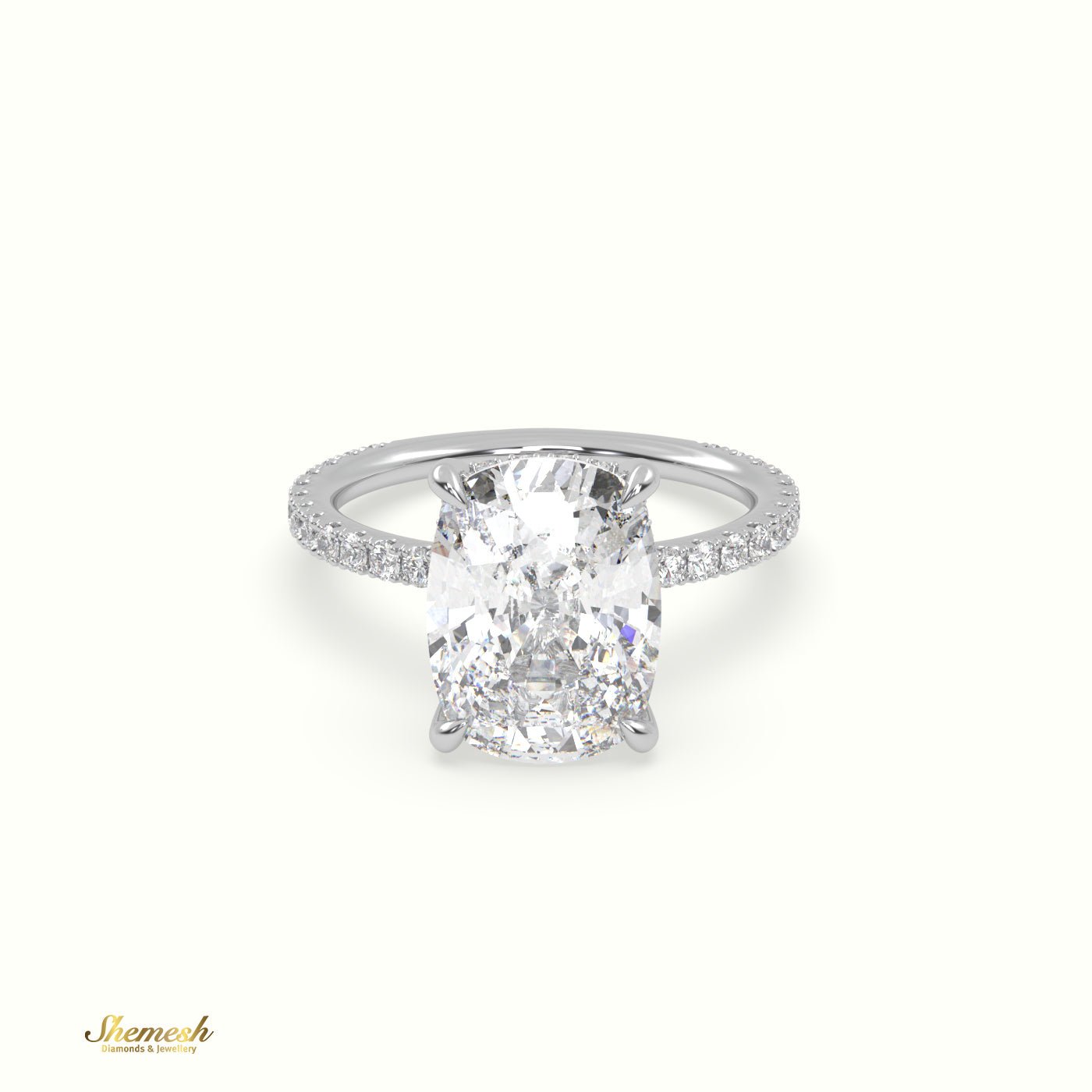 18K Gold 4 Prongs Cushion Diamond Solitaire Engagement Ring with Pave Band - shemesh_diamonds