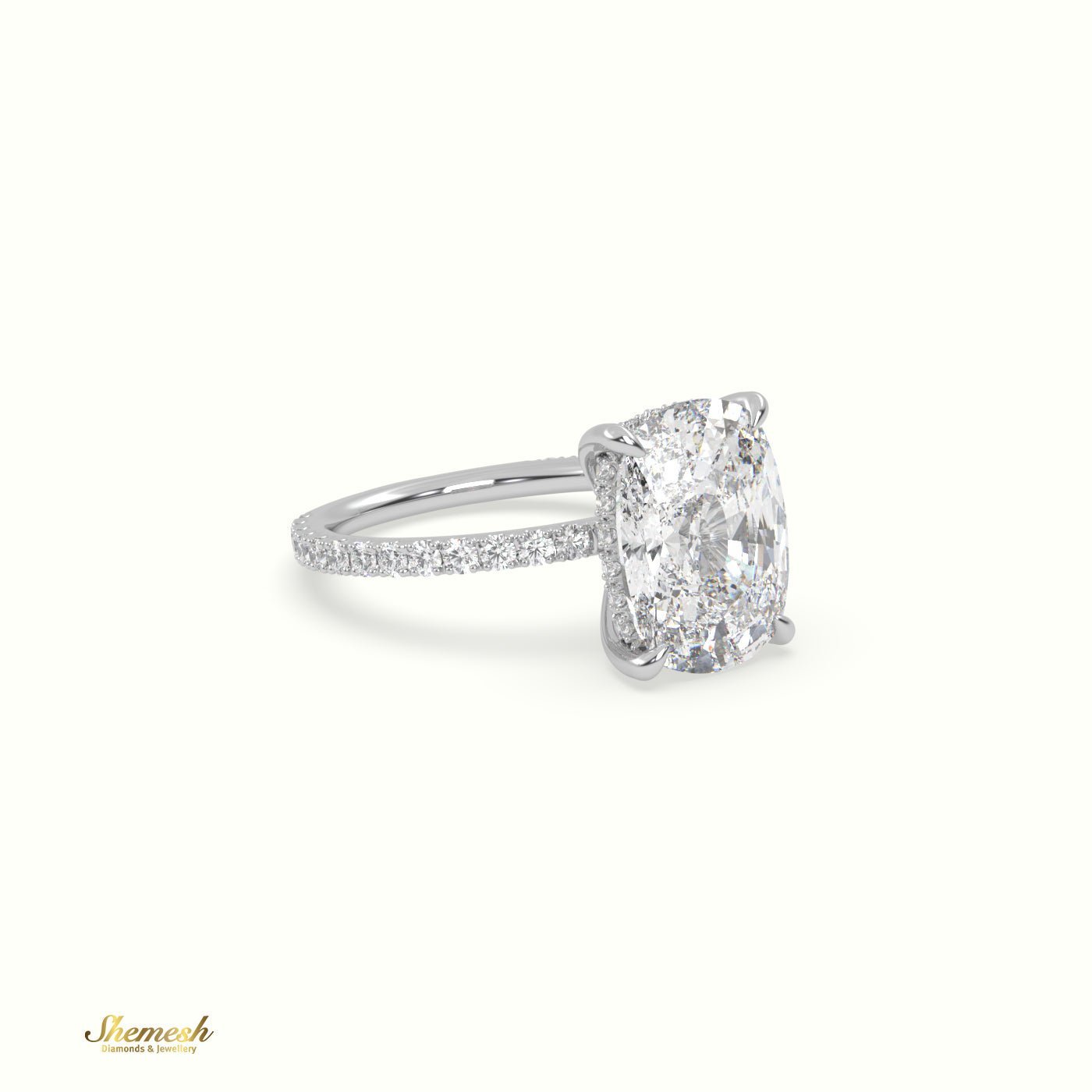 18K Gold 4 Prongs Cushion Diamond Solitaire Engagement Ring with Pave Band - shemesh_diamonds