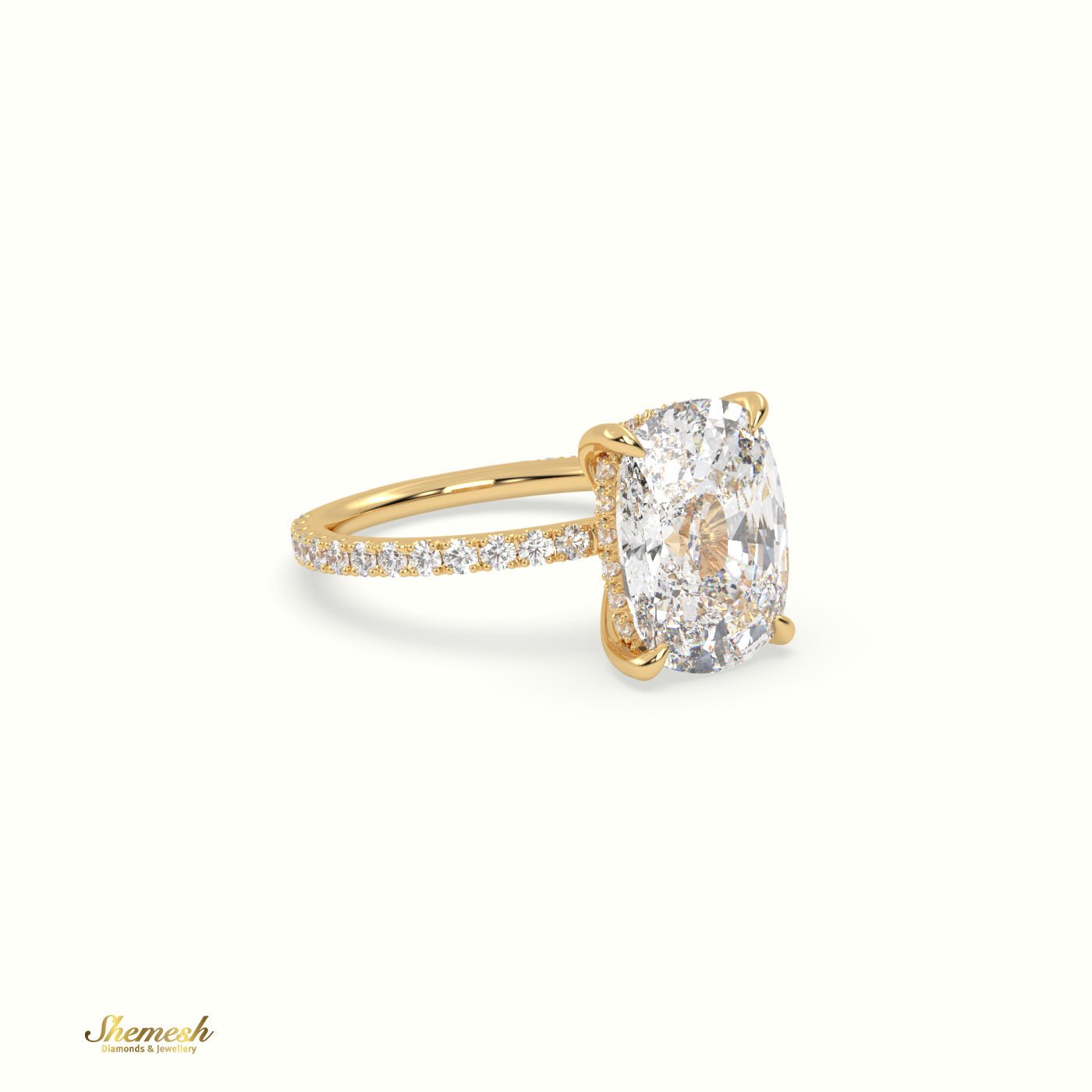 18K Gold 4 Prongs Cushion Diamond Solitaire Engagement Ring with Pave Band - shemesh_diamonds