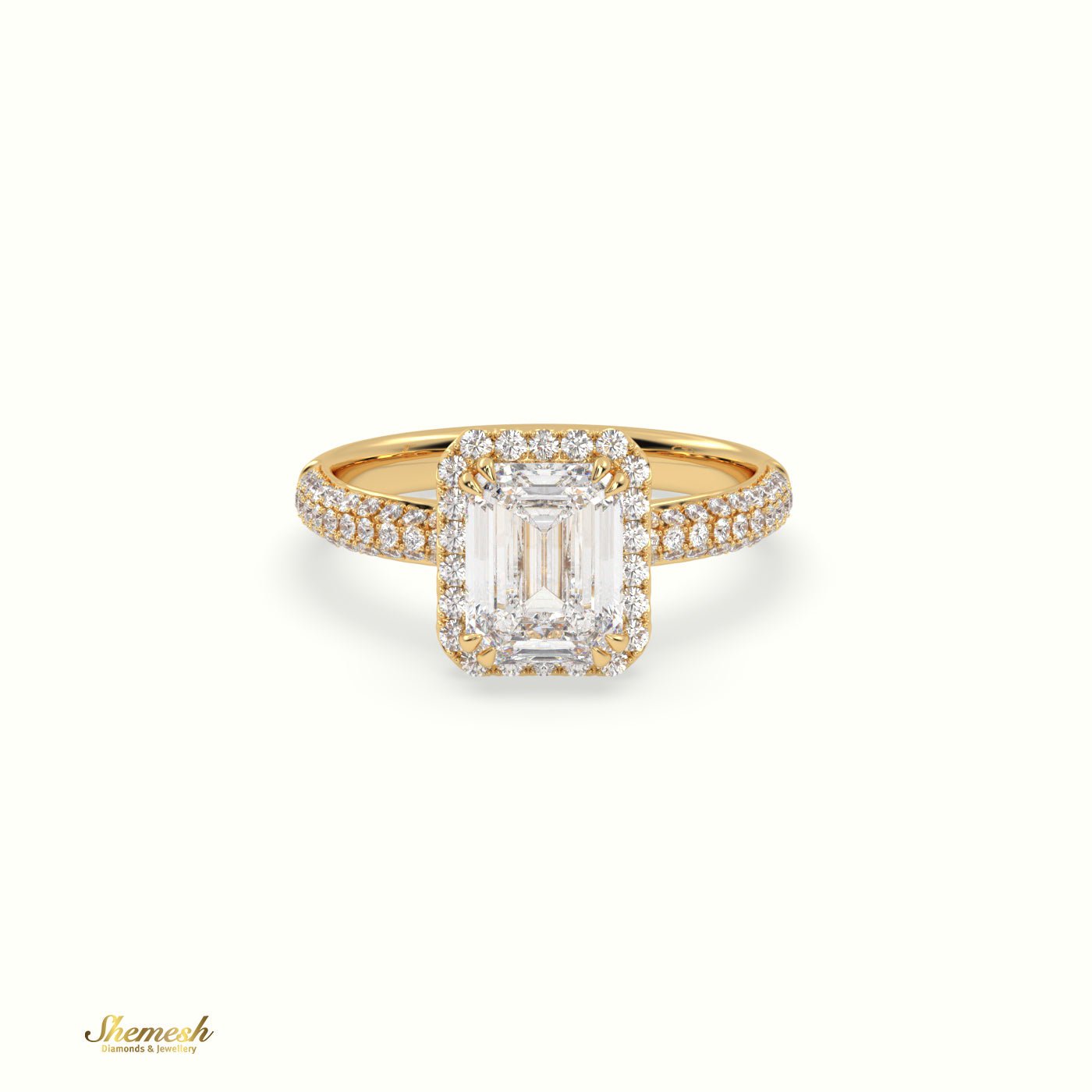 18K Gold 8 Prongs 1.53tw Emerald Diamond Halo Engagement Ring with Three Row Pave Set Band - shemesh_diamonds