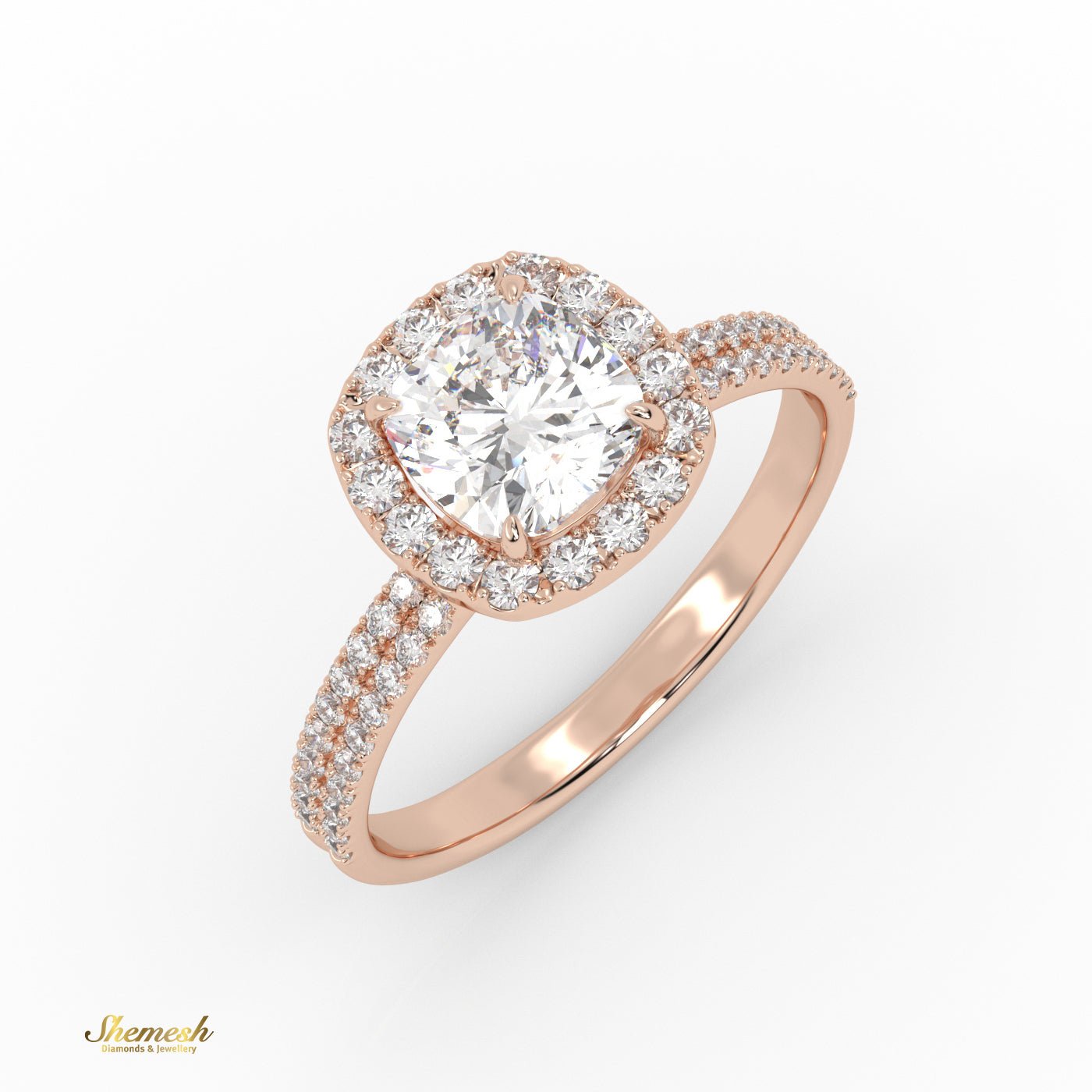 18K Gold 4 Prongs Cushion Cut Diamond Halo Style Engagement Ring with Double Pave Set Band - shemesh_diamonds