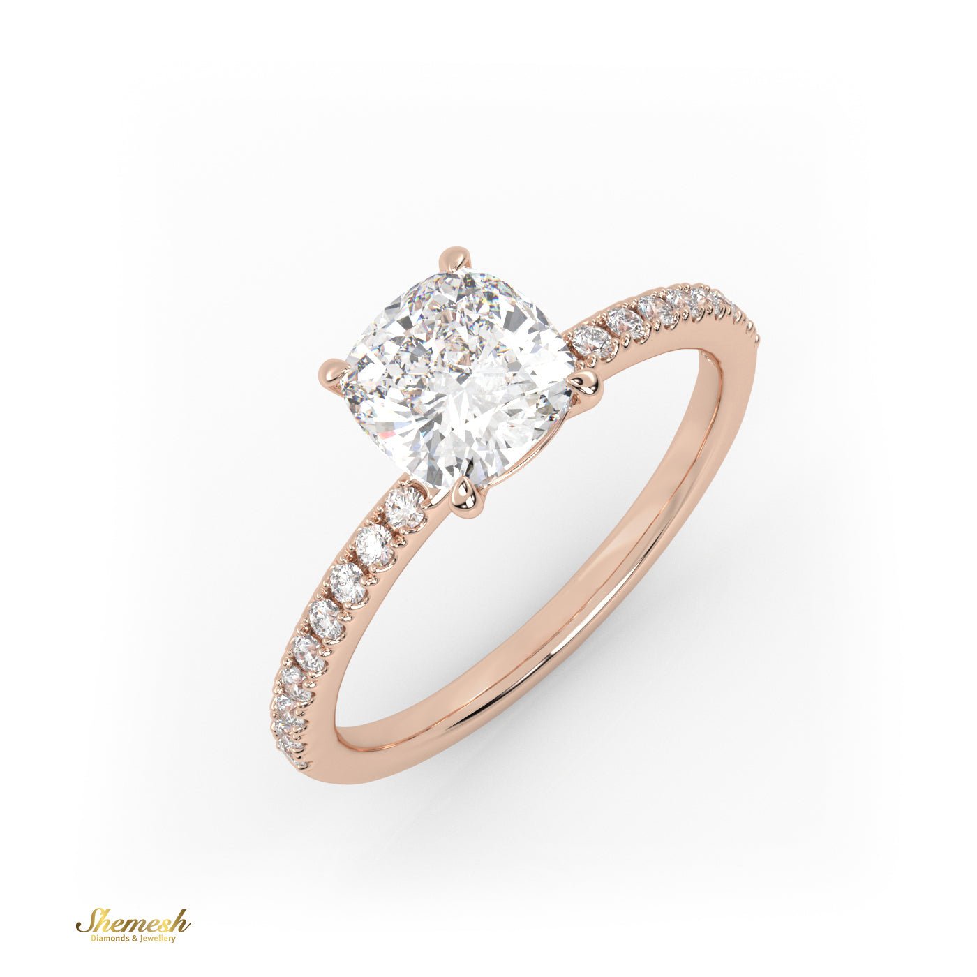 18K Gold 1.10 tw 4 Prongs Cushion Diamond Solitaire Engagement Ring with Side Stone Pave Set Band - shemesh_diamonds