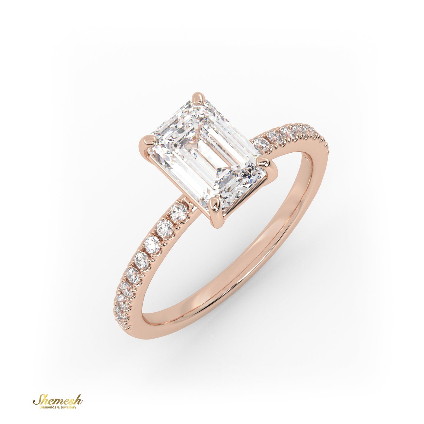 18K Gold 4 Prongs Emerald Cut Diamond Engagement Ring With Whisper Thin Pave Set Band - shemesh_diamonds