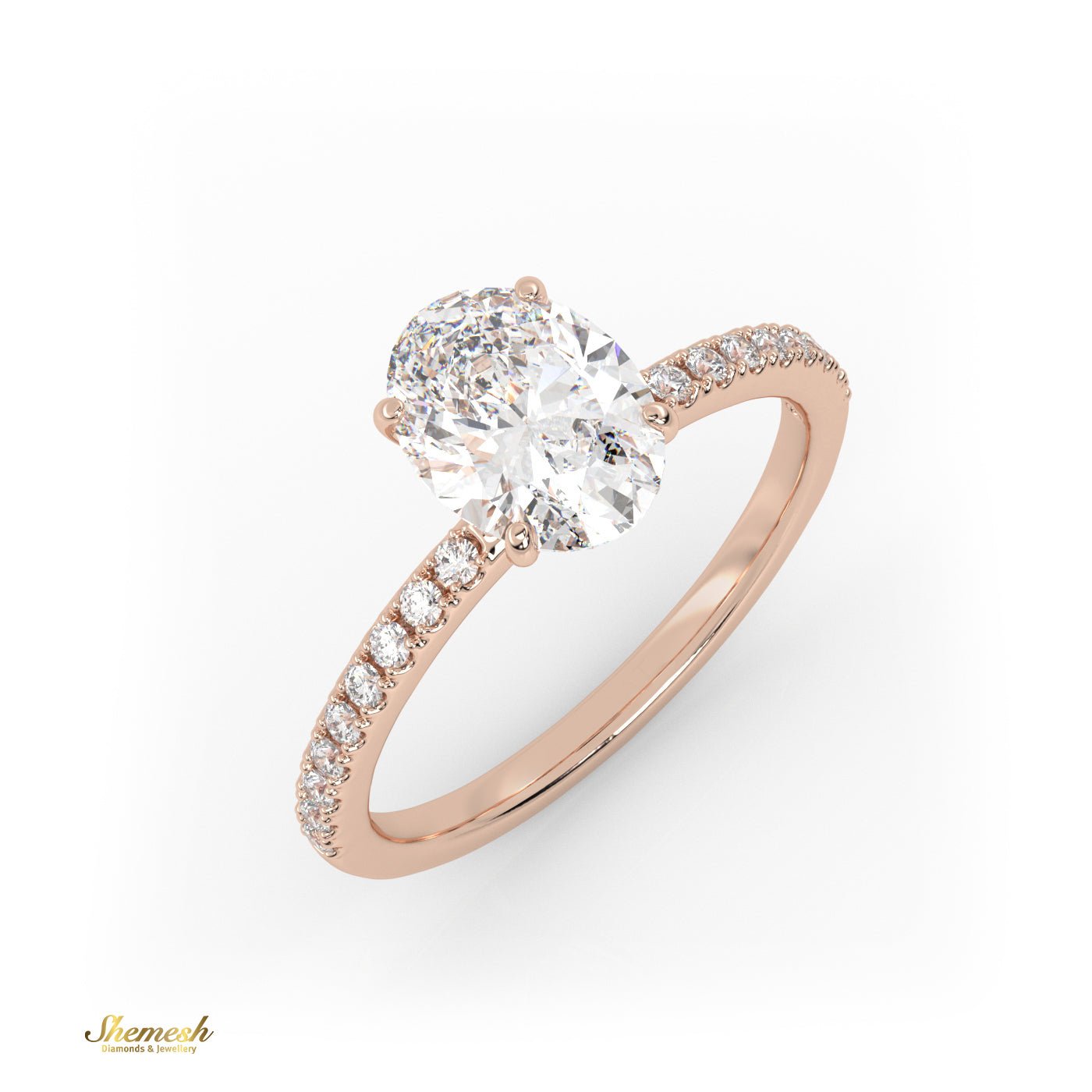 18K Gold Oval Cut 4 Prongs Diamond Engagement Ring With Pave Set Band - shemesh_diamonds