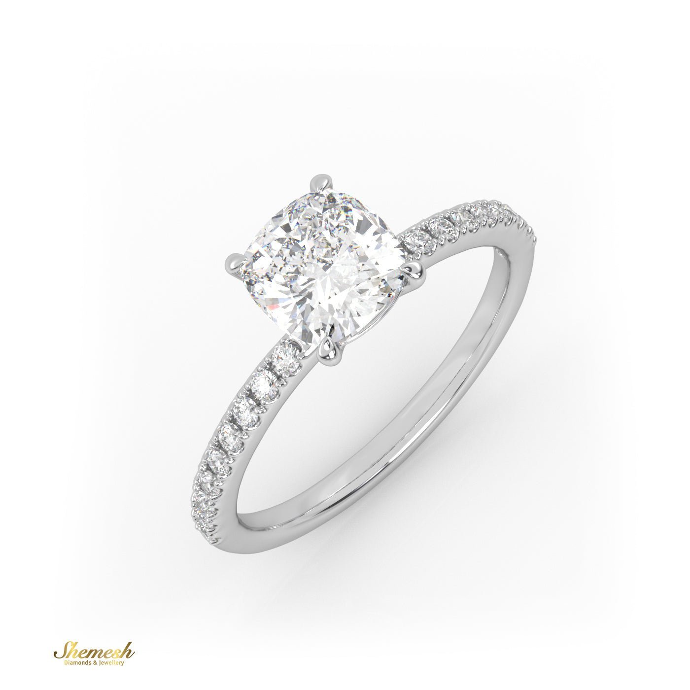 18K Gold 1.10 tw 4 Prongs Cushion Diamond Solitaire Engagement Ring with Side Stone Pave Set Band - shemesh_diamonds