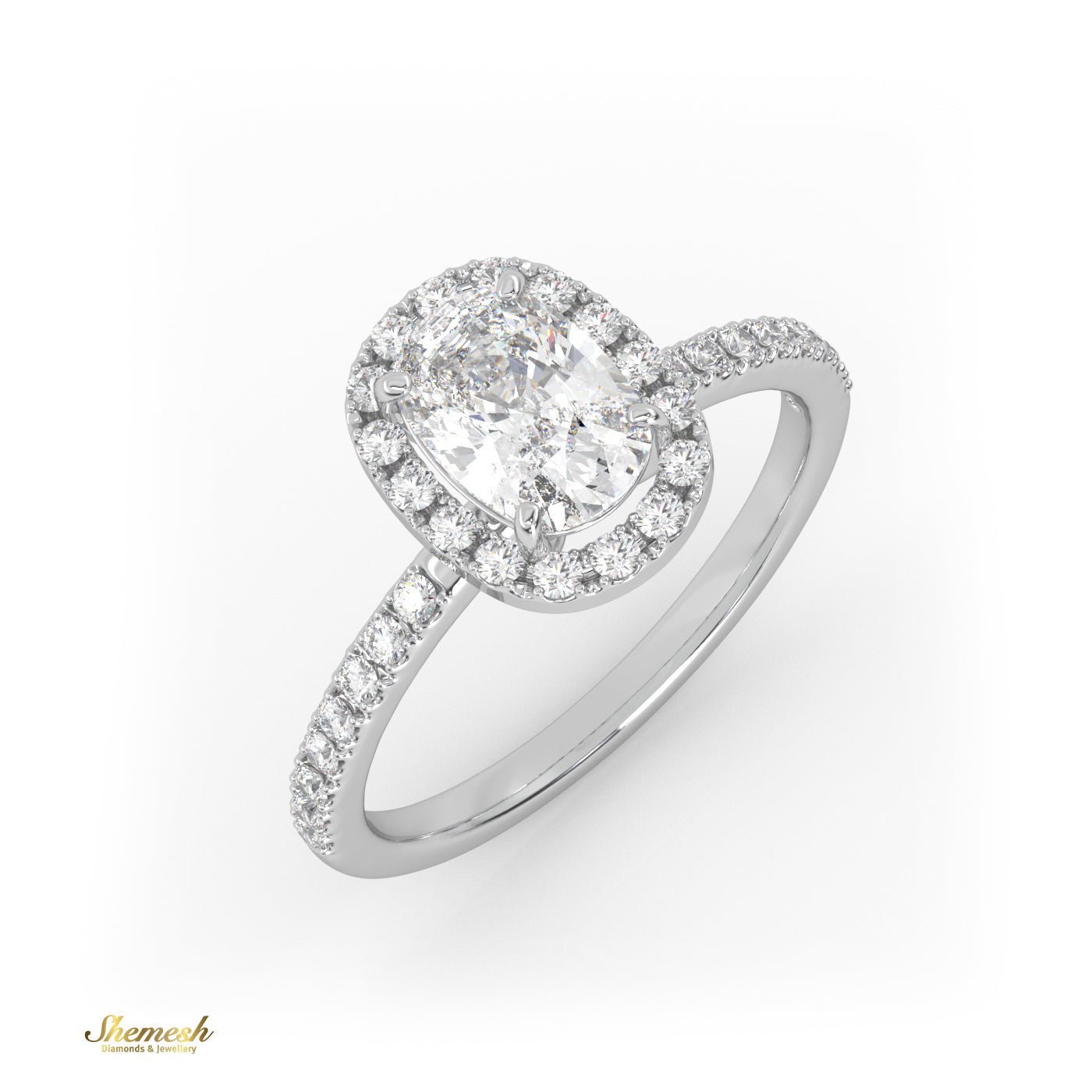 18K Gold 4 Prongs Elongated Cushion Solitaire Engagement Ring with Pave Band and Halo - shemesh_diamonds