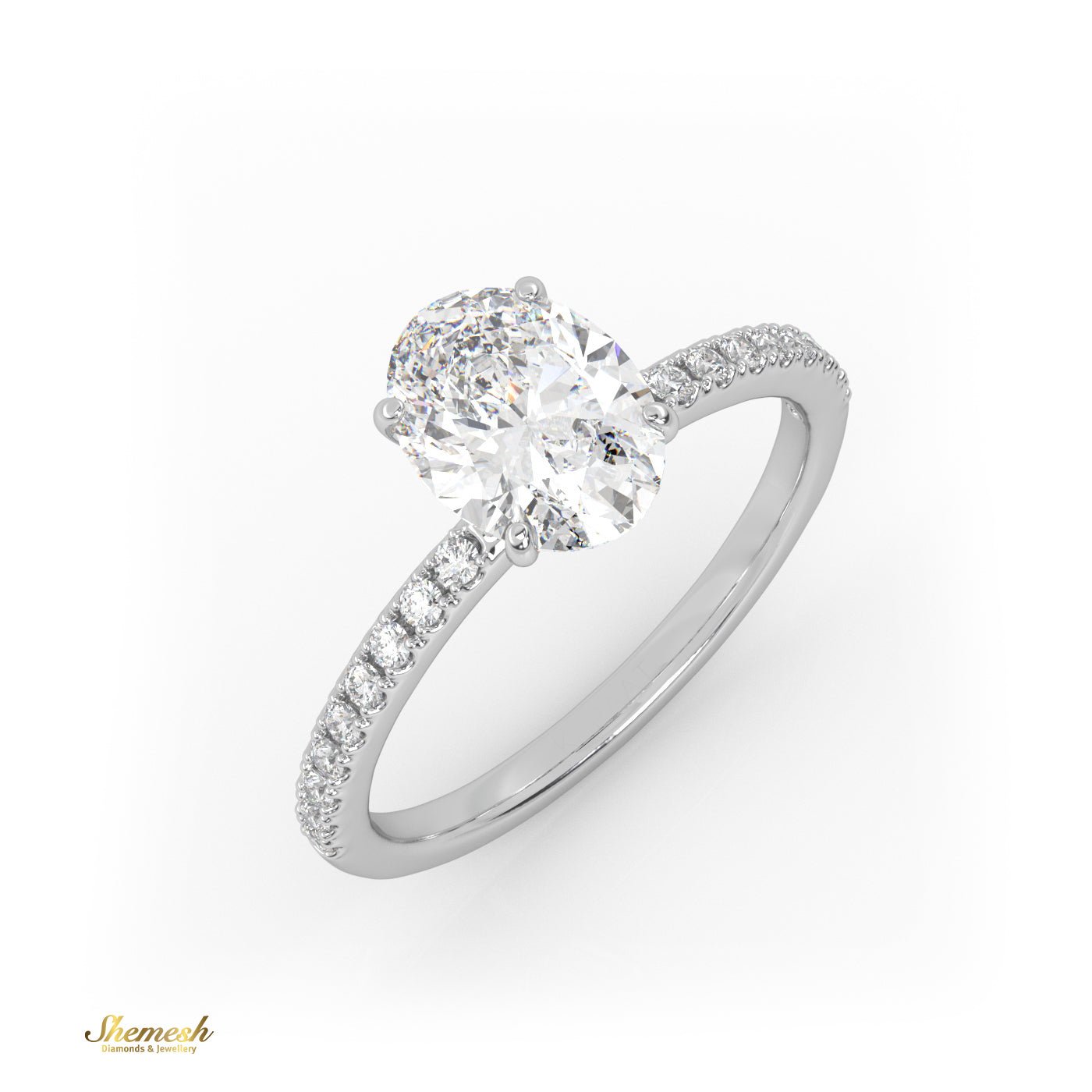 18K Gold Oval Cut 4 Prongs Diamond Engagement Ring With Pave Set Band - shemesh_diamonds