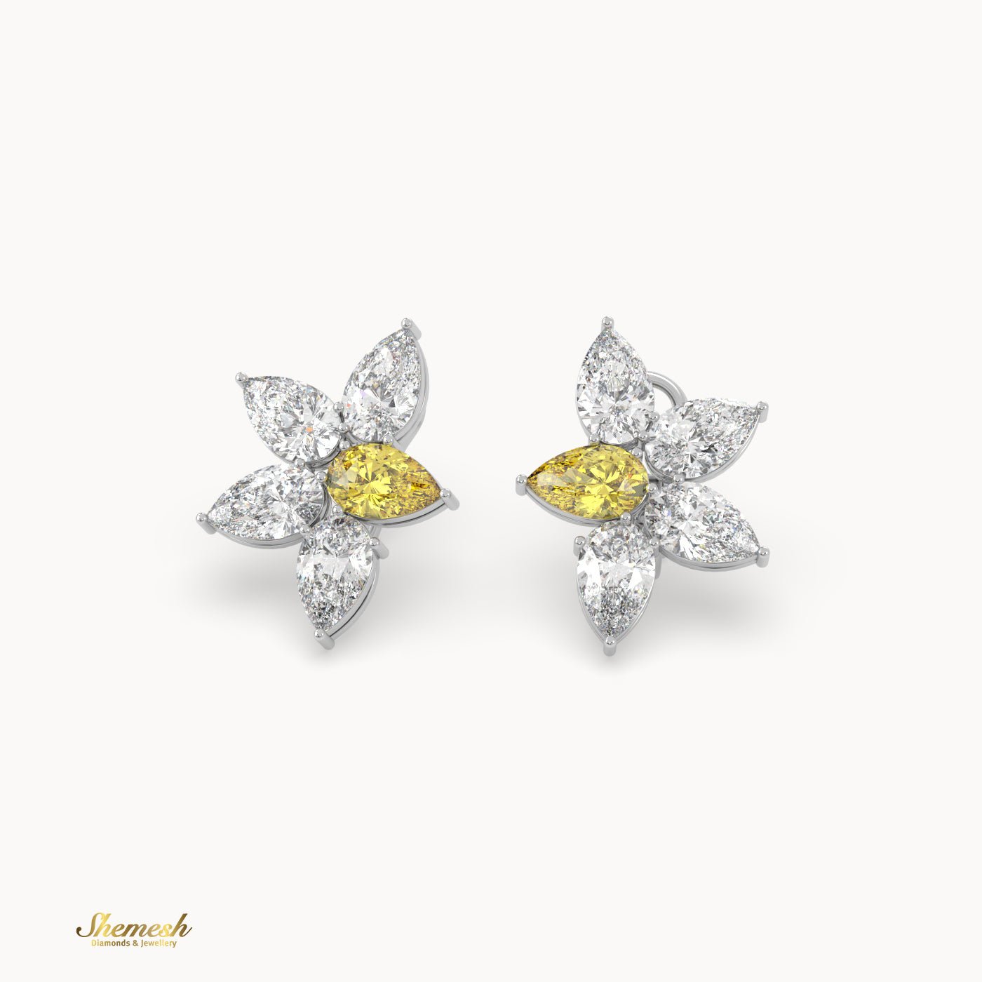 18K Gold Flower Diamond Earrings with Yellow and White Pear Cut Diamonds - shemesh_diamonds