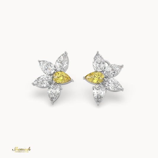 18K Gold Flower Diamond Earrings with Yellow and White Pear Cut Diamonds - shemesh_diamonds