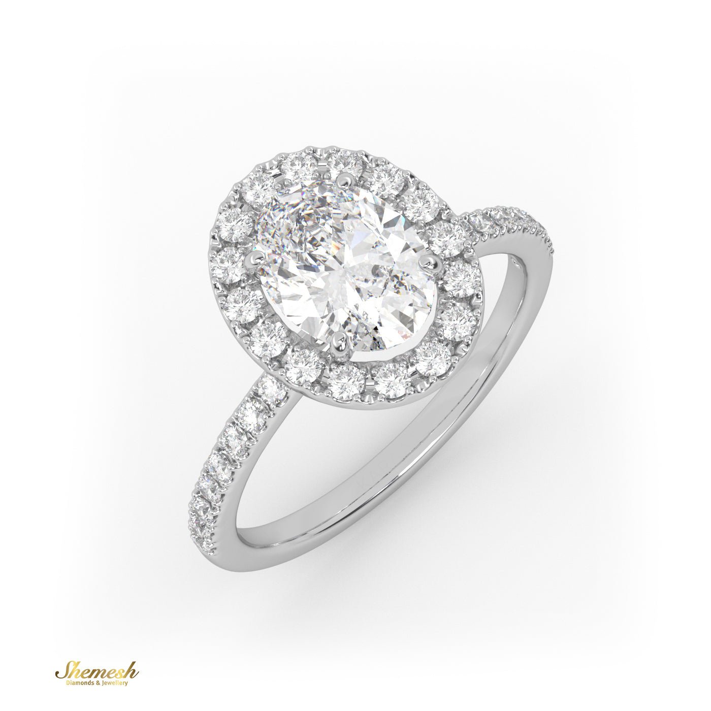 18K Gold 4 Prongs Oval Cut Diamond Halo Engagement Ring With Pave Set Band - shemesh_diamonds