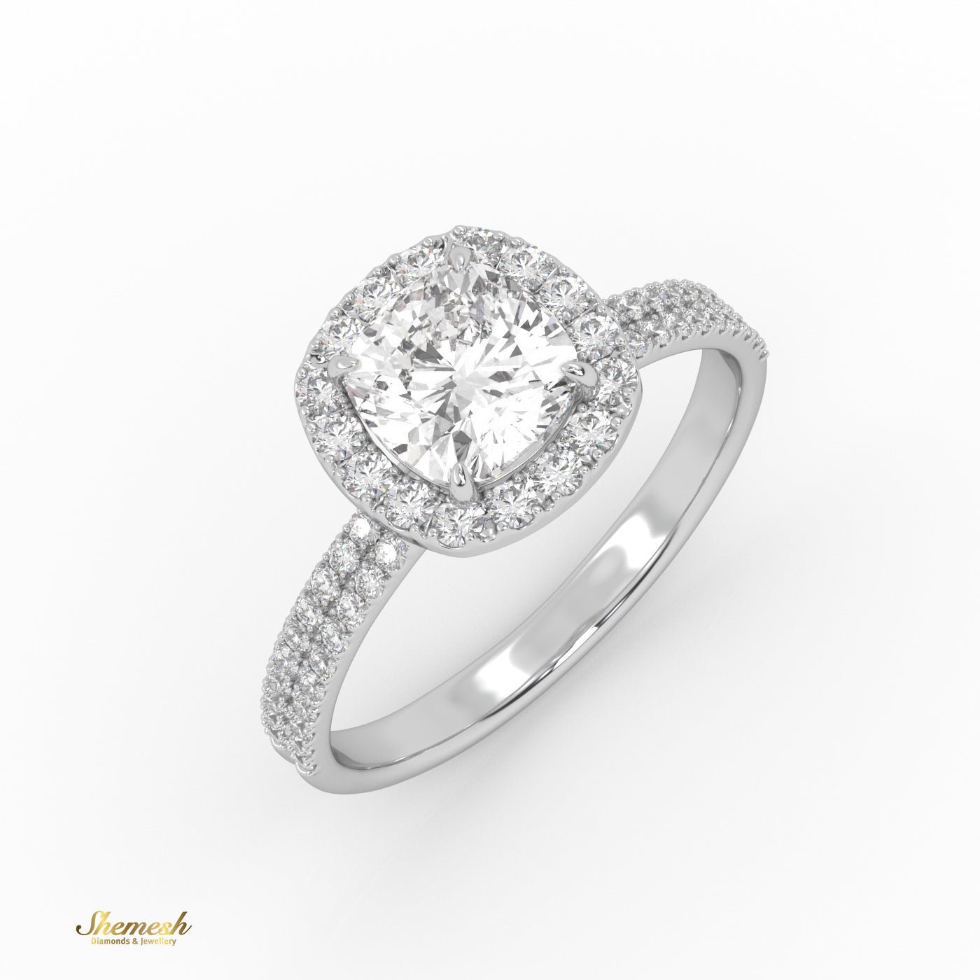 18K Gold 4 Prongs Cushion Cut Diamond Halo Style Engagement Ring with Double Pave Set Band - shemesh_diamonds