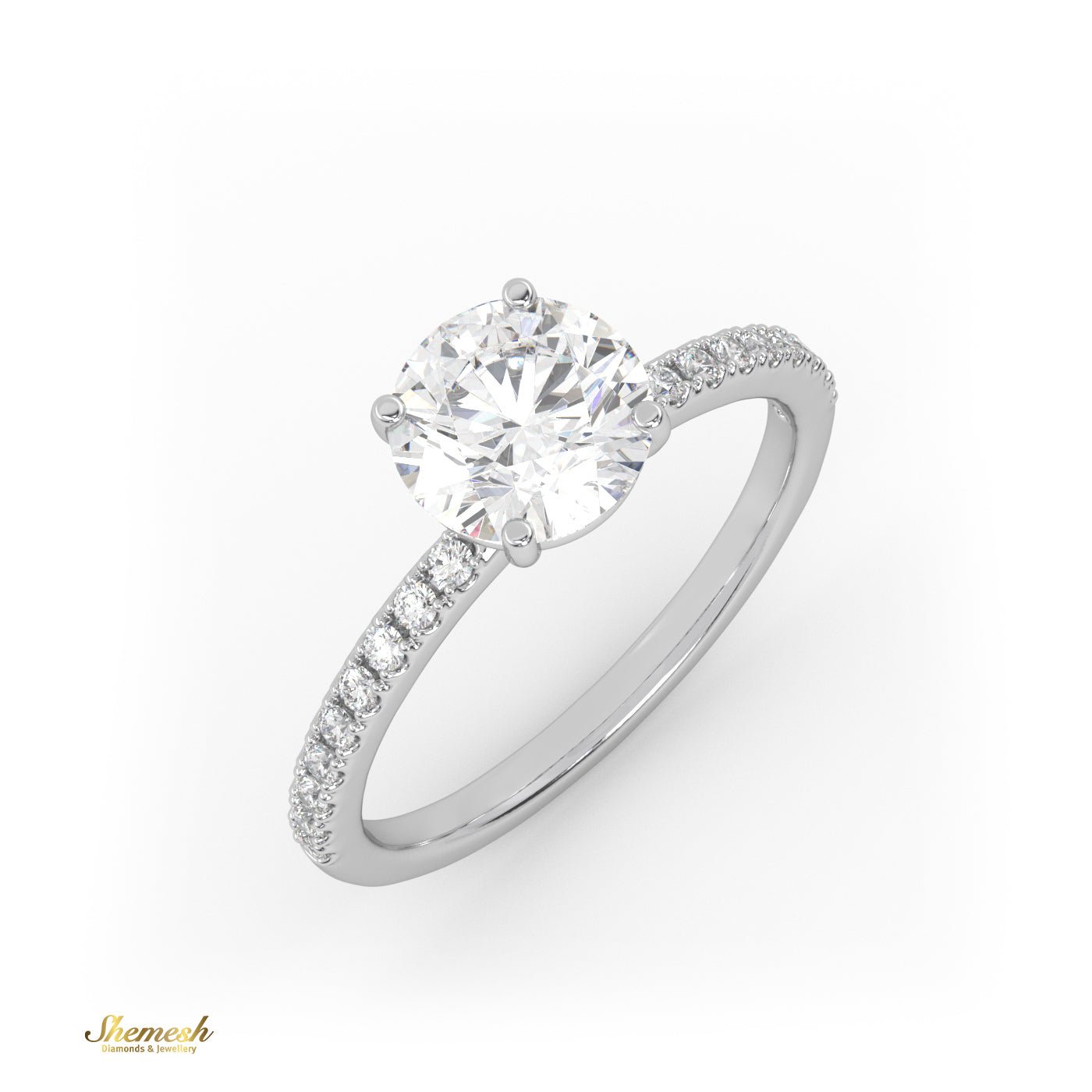 18K Gold 4 Prongs Round Diamond Solitaire Engagement Ring with Pave Set Band - shemesh_diamonds