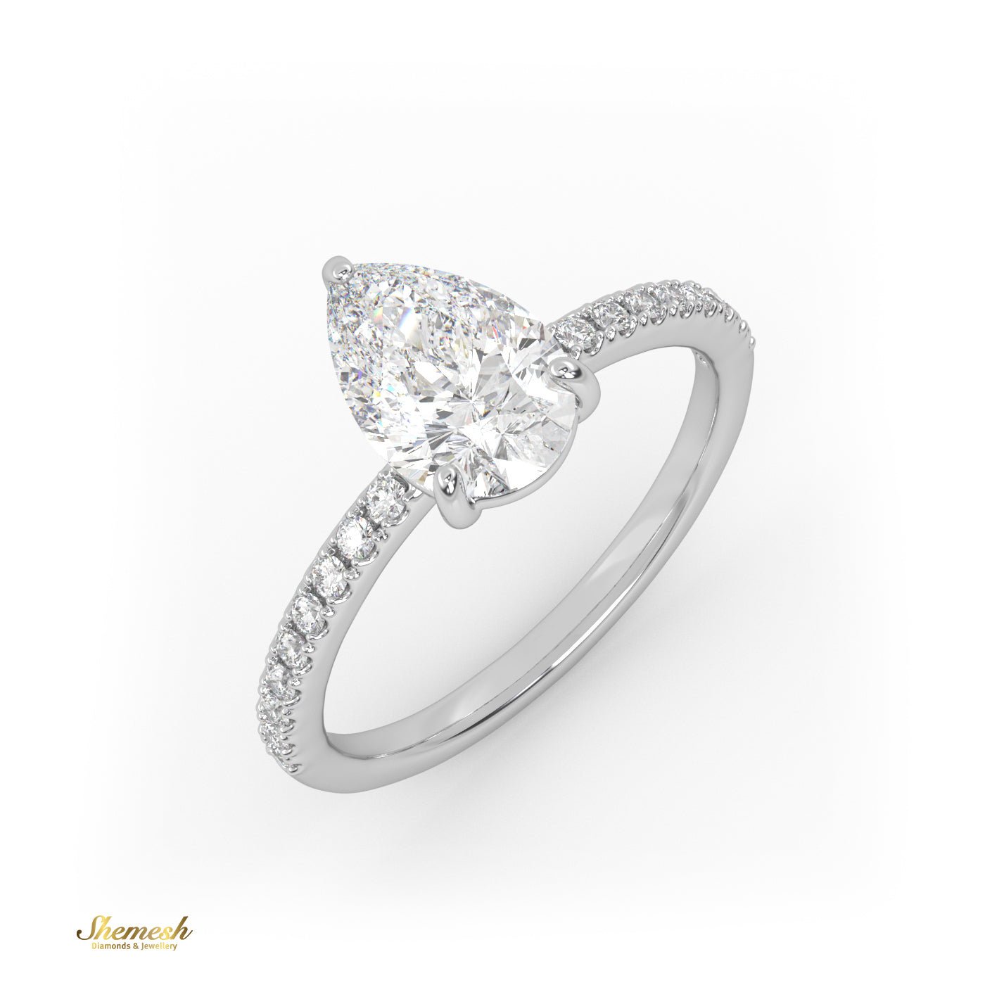 18K Gold 3 Prongs Pear Cut Diamond Engagement Ring With Pave Set Band - shemesh_diamonds