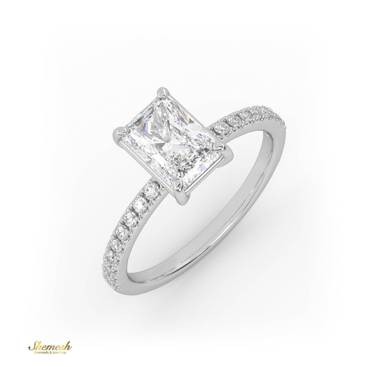 18K Gold Solitaire Radiant Diamond with Pave Band Ring - shemesh_diamonds