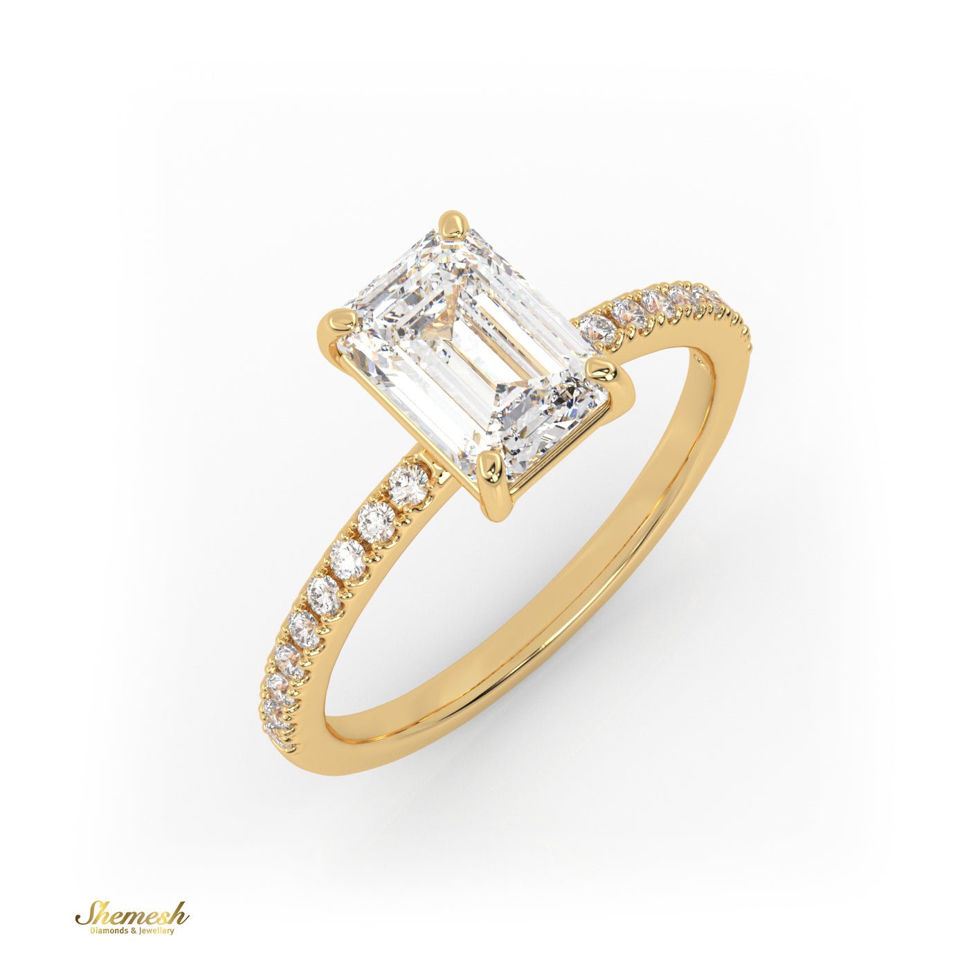 18K Gold 4 Prongs Emerald Cut Diamond Engagement Ring With Whisper Thin Pave Set Band - shemesh_diamonds