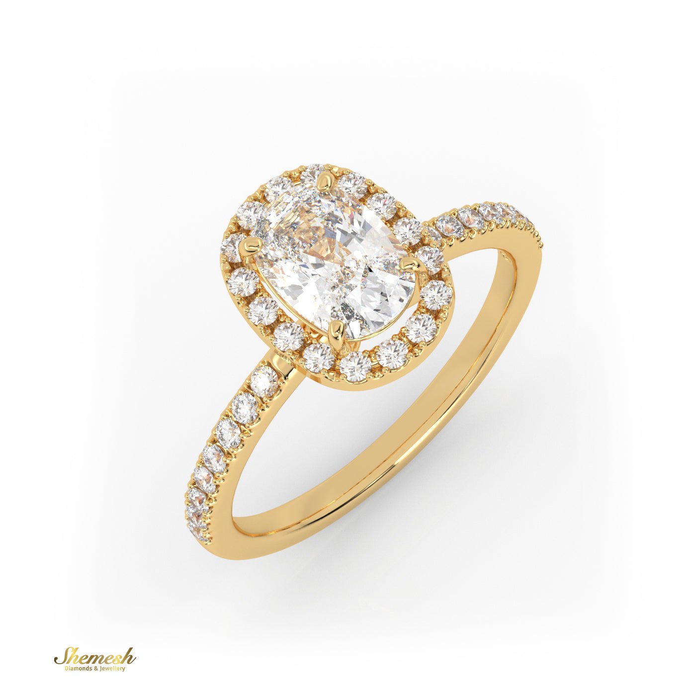 18K Gold 4 Prongs Elongated Cushion Solitaire Engagement Ring with Pave Band and Halo - shemesh_diamonds