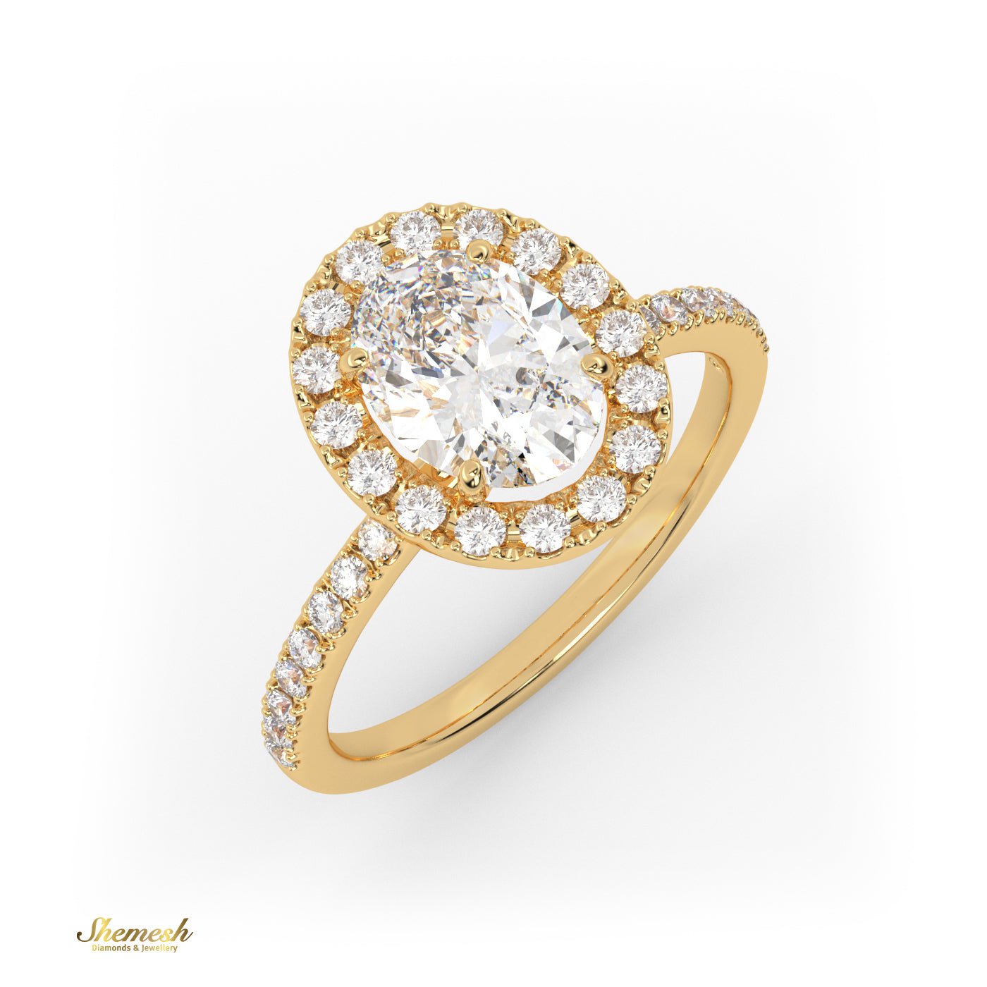 18K Gold 4 Prongs Oval Cut Diamond Halo Engagement Ring With Pave Set Band - shemesh_diamonds