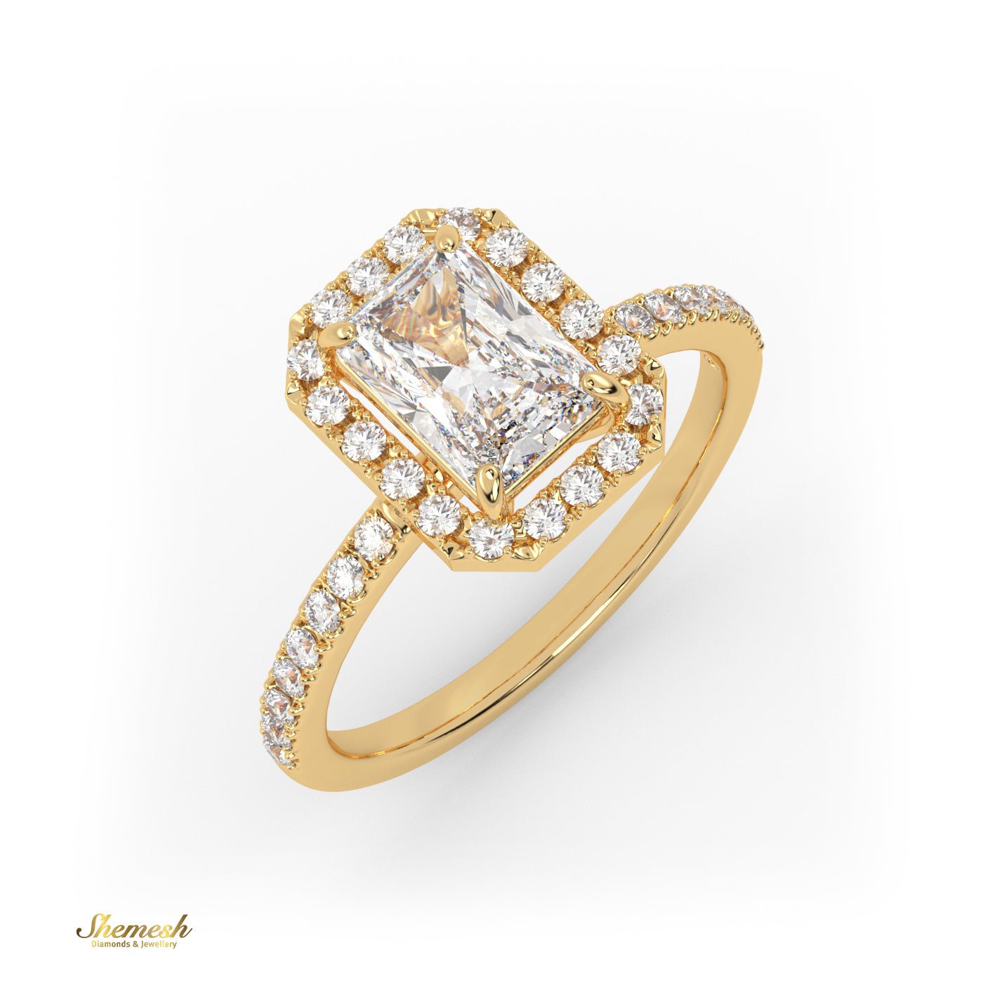 18K Gold Radiant Diamond with Pave Band & Halo Ring - shemesh_diamonds