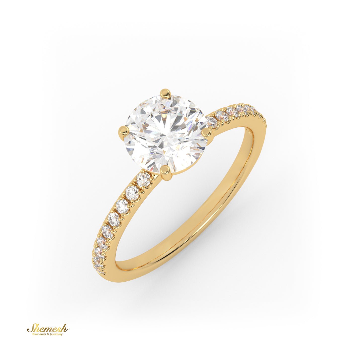 18K Gold 4 Prongs Round Diamond Solitaire Engagement Ring with Pave Set Band - shemesh_diamonds