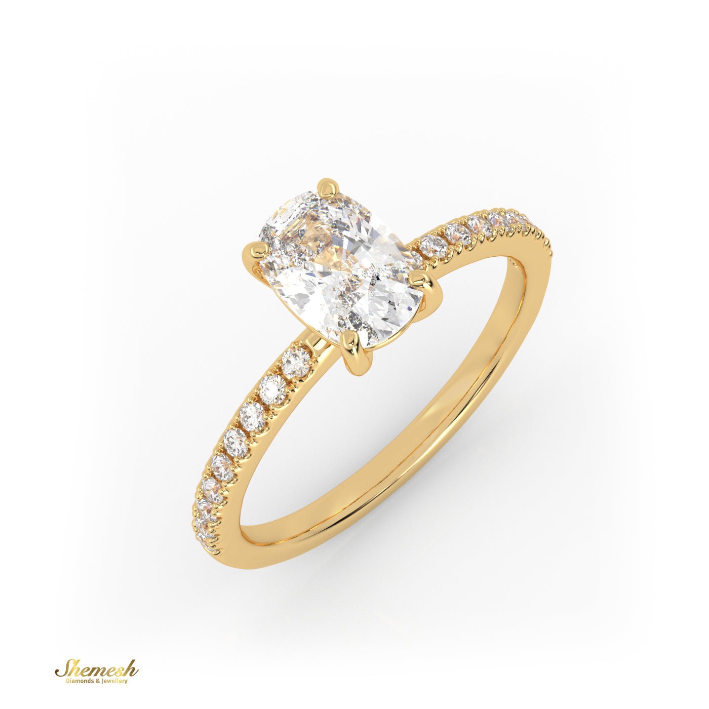 18K Gold 4 Prongs Elongated Cushion Diamond Engagement Ring with Side Stone Pave Set - shemesh_diamonds