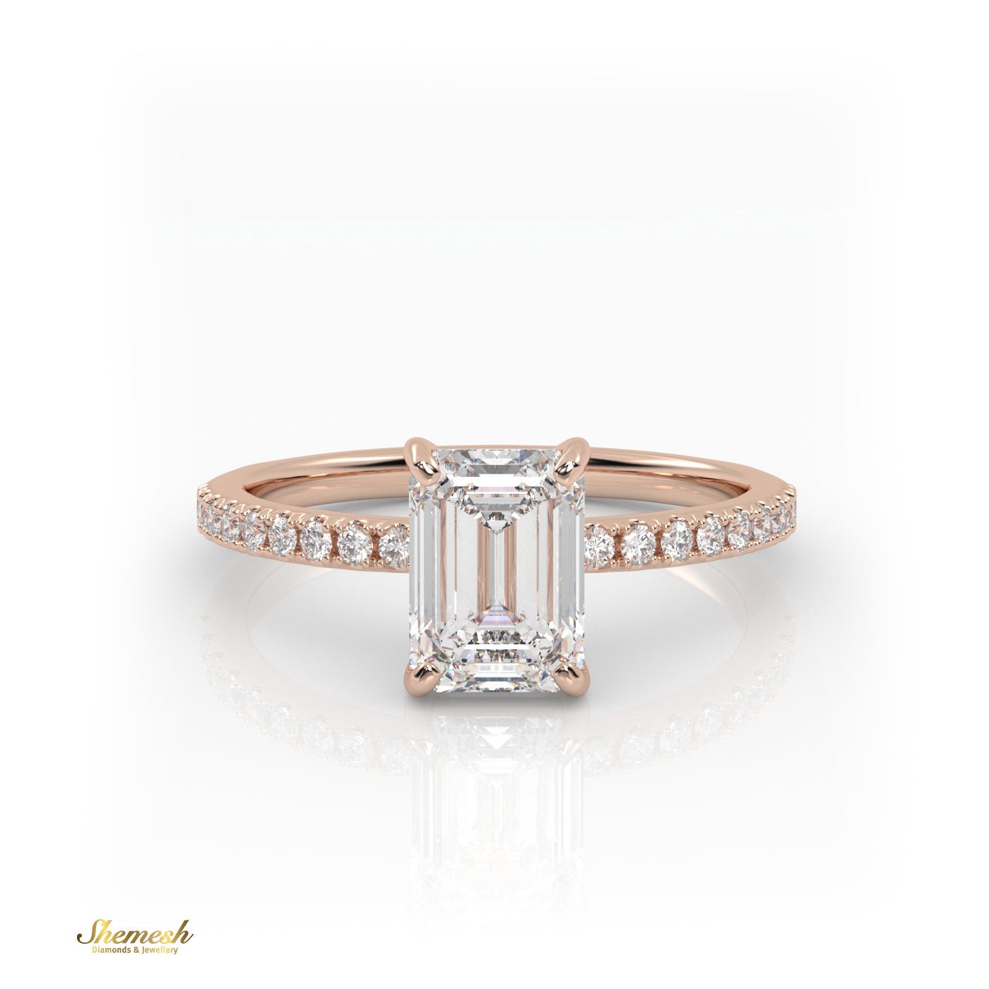 18K Gold 4 Prongs Emerald Cut Diamond Engagement Ring With Whisper Thin Pave Set Band - shemesh_diamonds