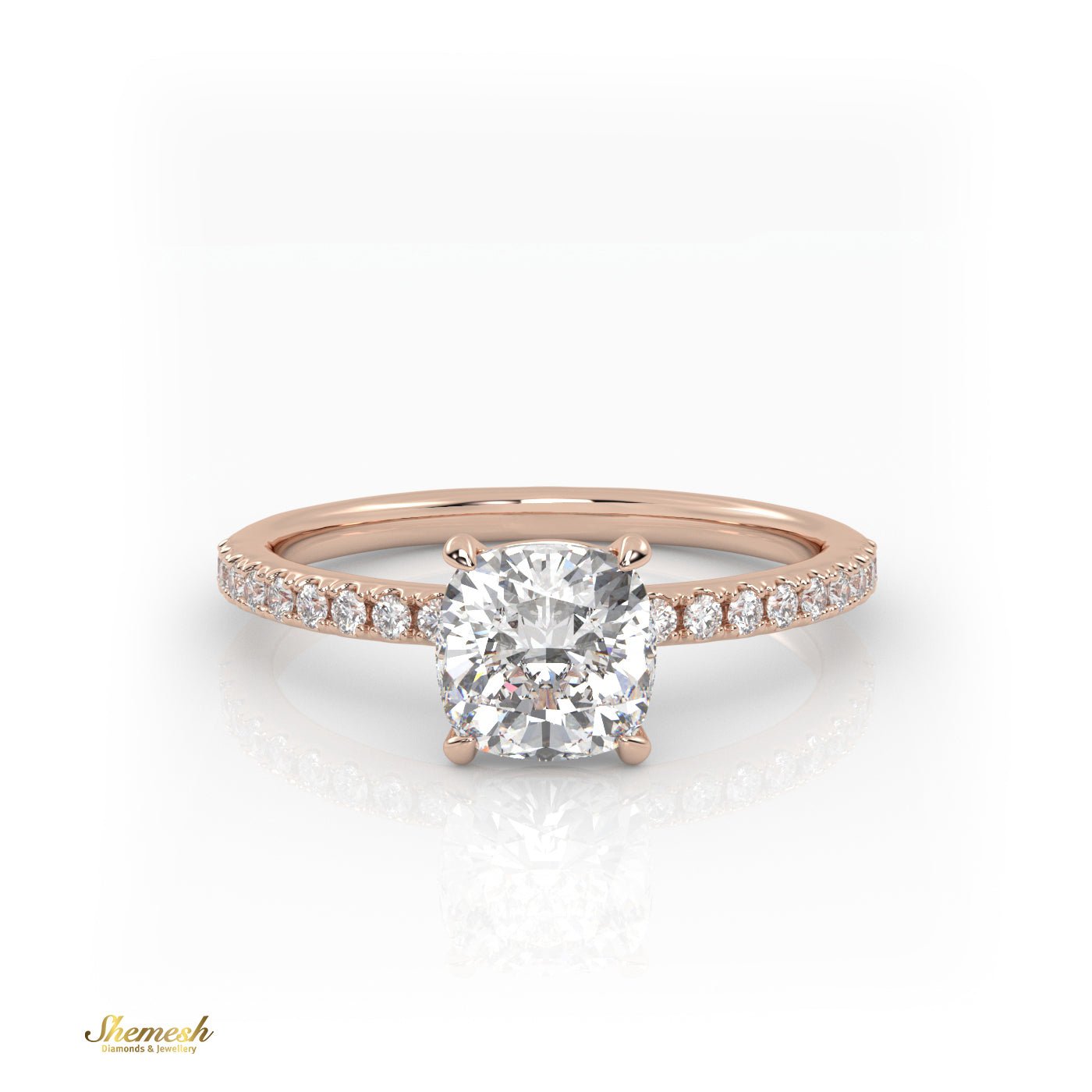 18K Gold 1.10 tw 4 Prongs Cushion Diamond Solitaire Engagement Ring with Side Stone Pave Set Band - shemesh_diamonds