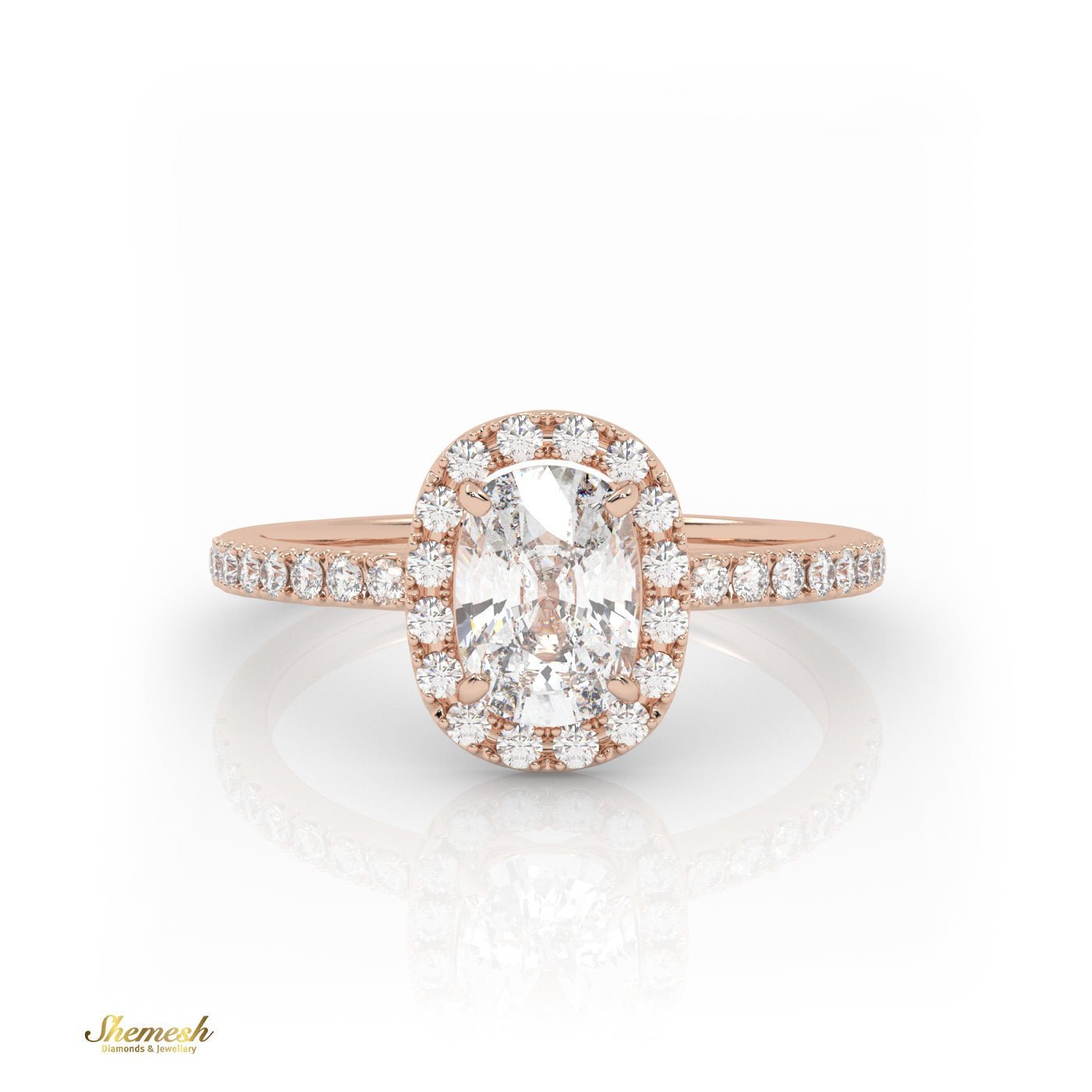 18K Gold 4 Prongs Elongated Cushion Solitaire Engagement Ring with Pave Band and Halo - shemesh_diamonds